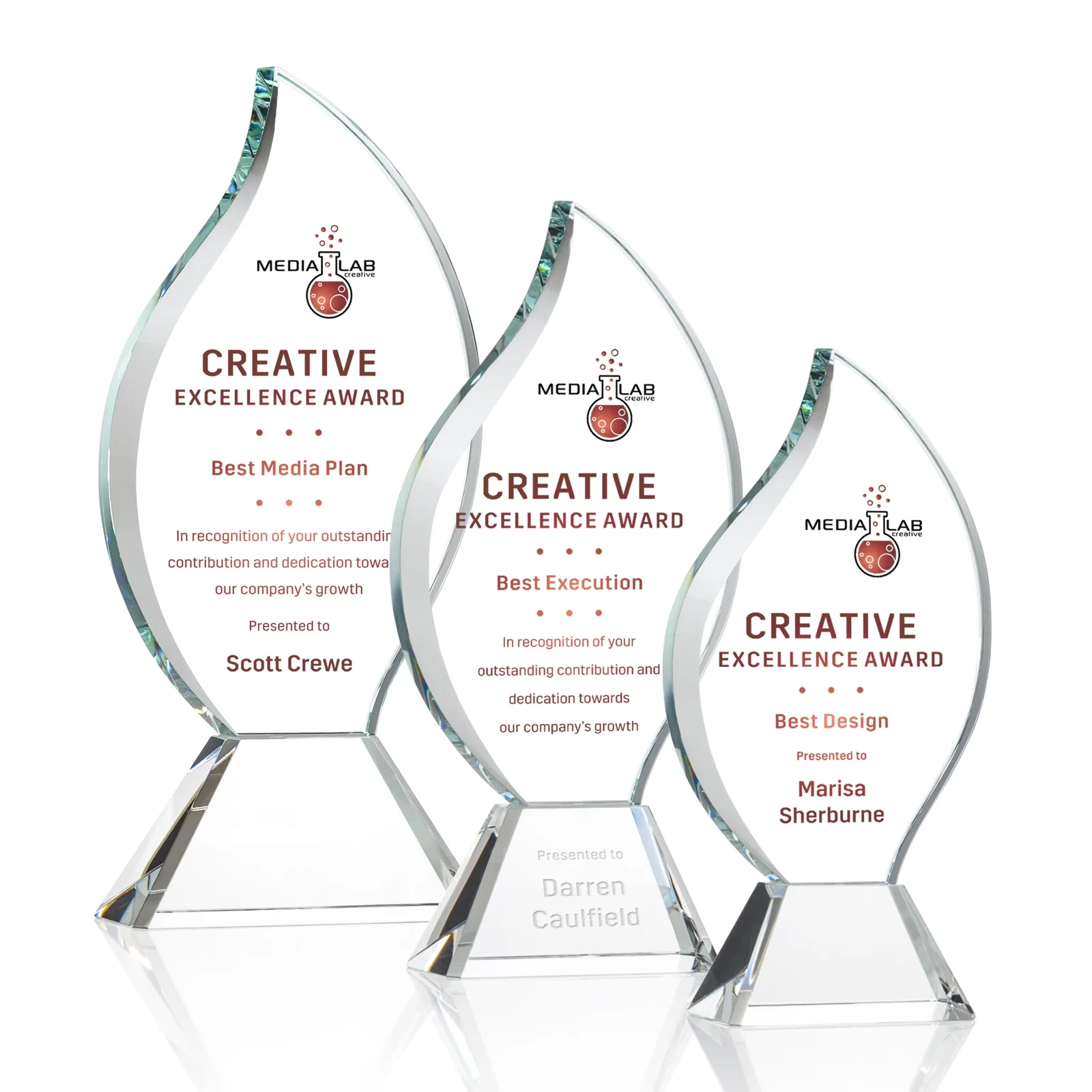 Promotional Optical Crystal Flame Award with Sweeping Bevel on Tapered Base for retirement presentations