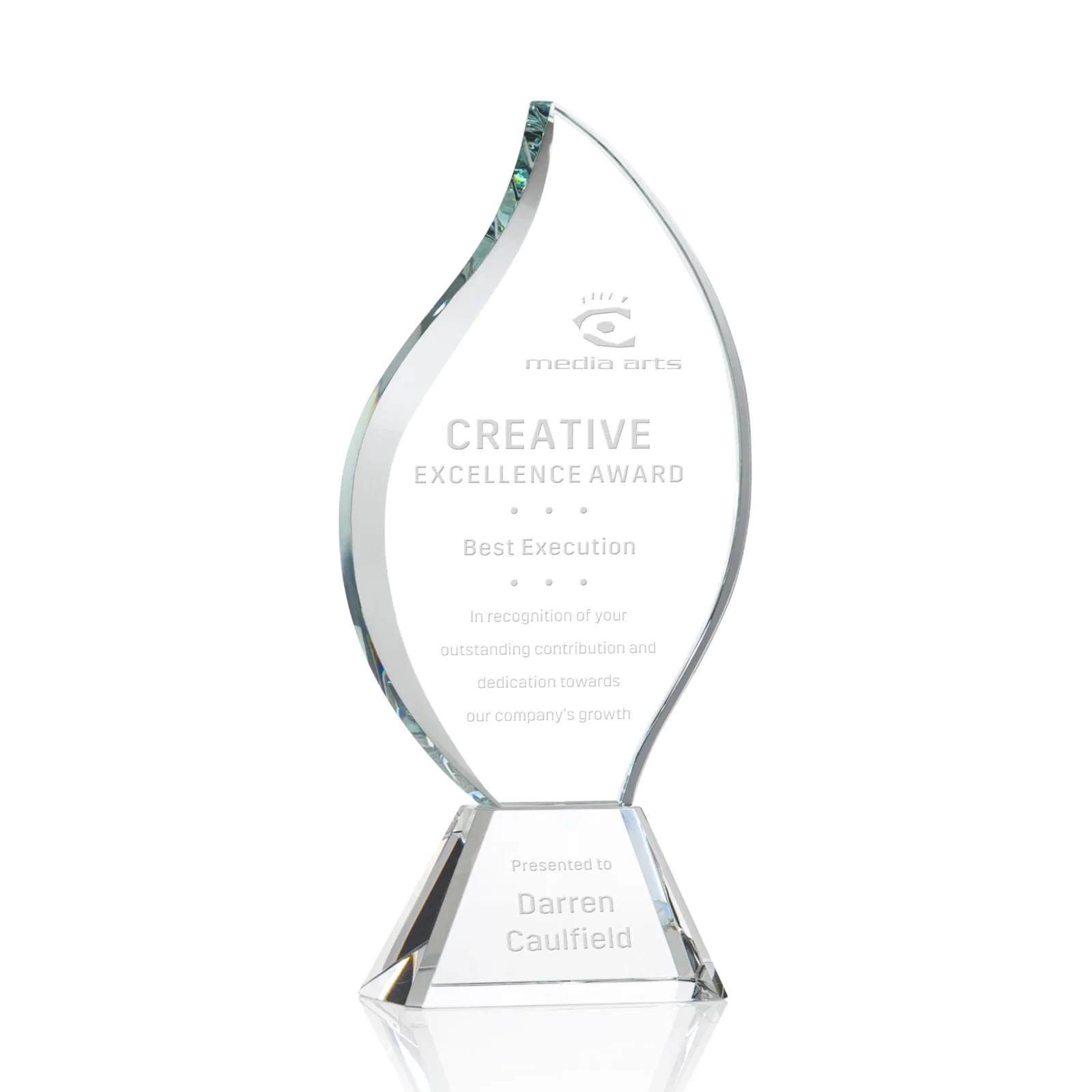Custom Optical Crystal Flame Award with Sweeping Bevel on Tapered Base for service anniversary gifts