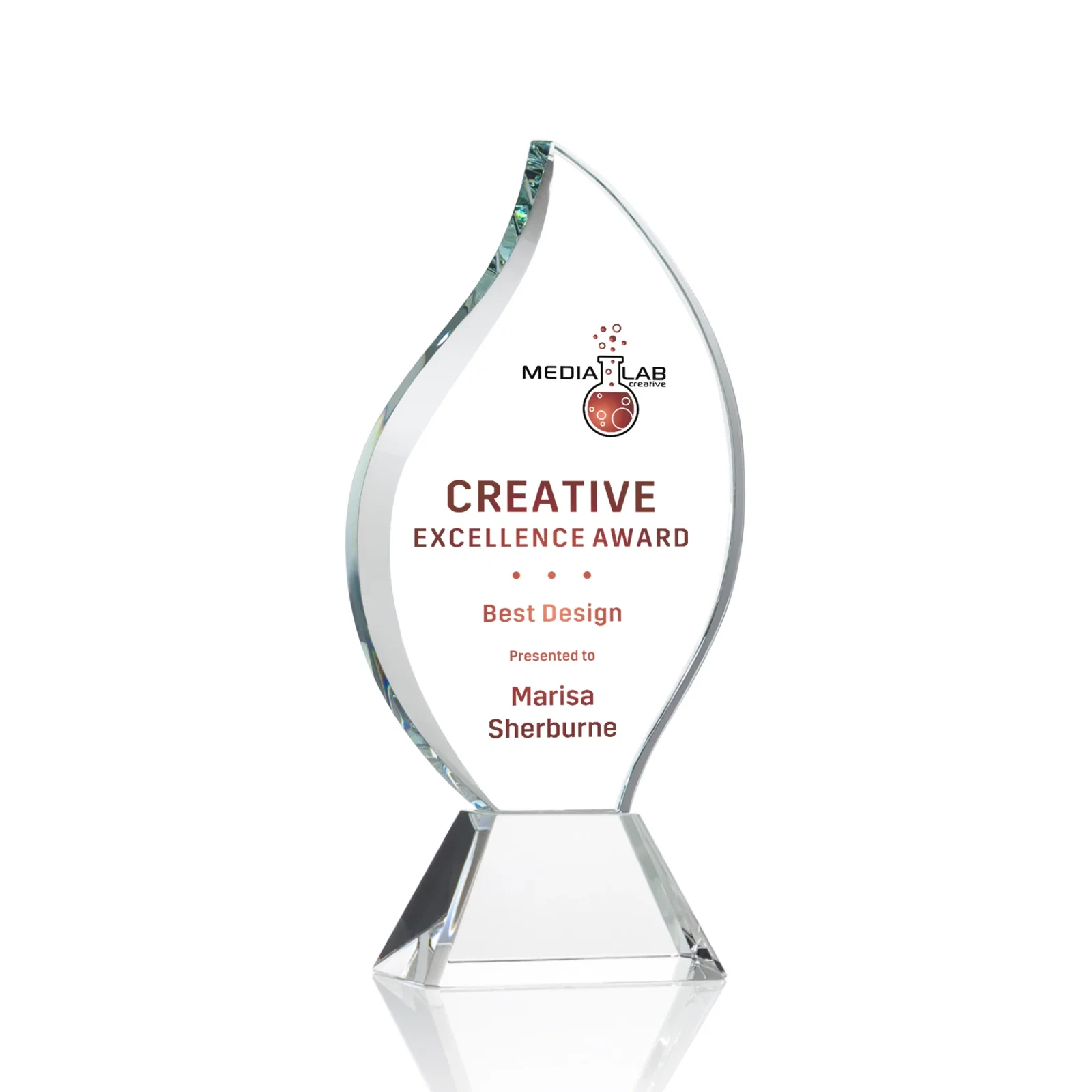 Promotional Optical Crystal Flame Award with Sweeping Bevel on Tapered Base for team milestone celebrations