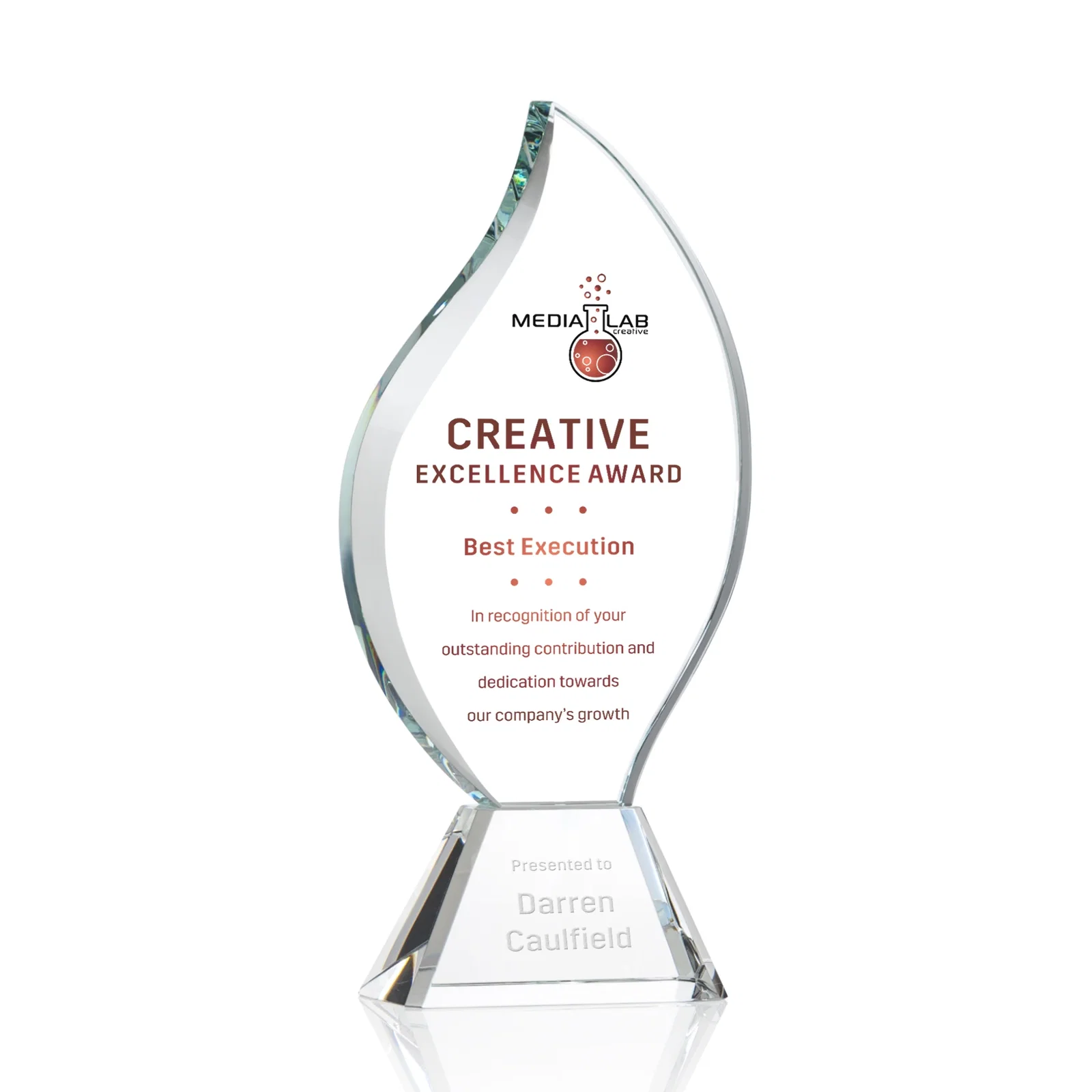 Promotional Optical Crystal Flame Award with Sweeping Bevel on Tapered Base for donor appreciation