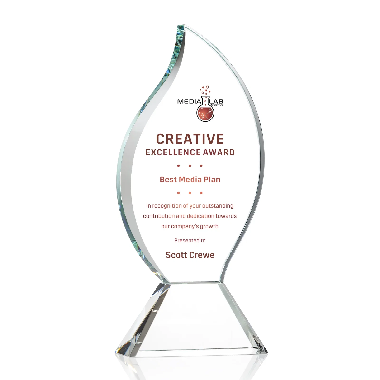 Promotional Optical Crystal Flame Award with Sweeping Bevel on Tapered Base for graduation ceremonies