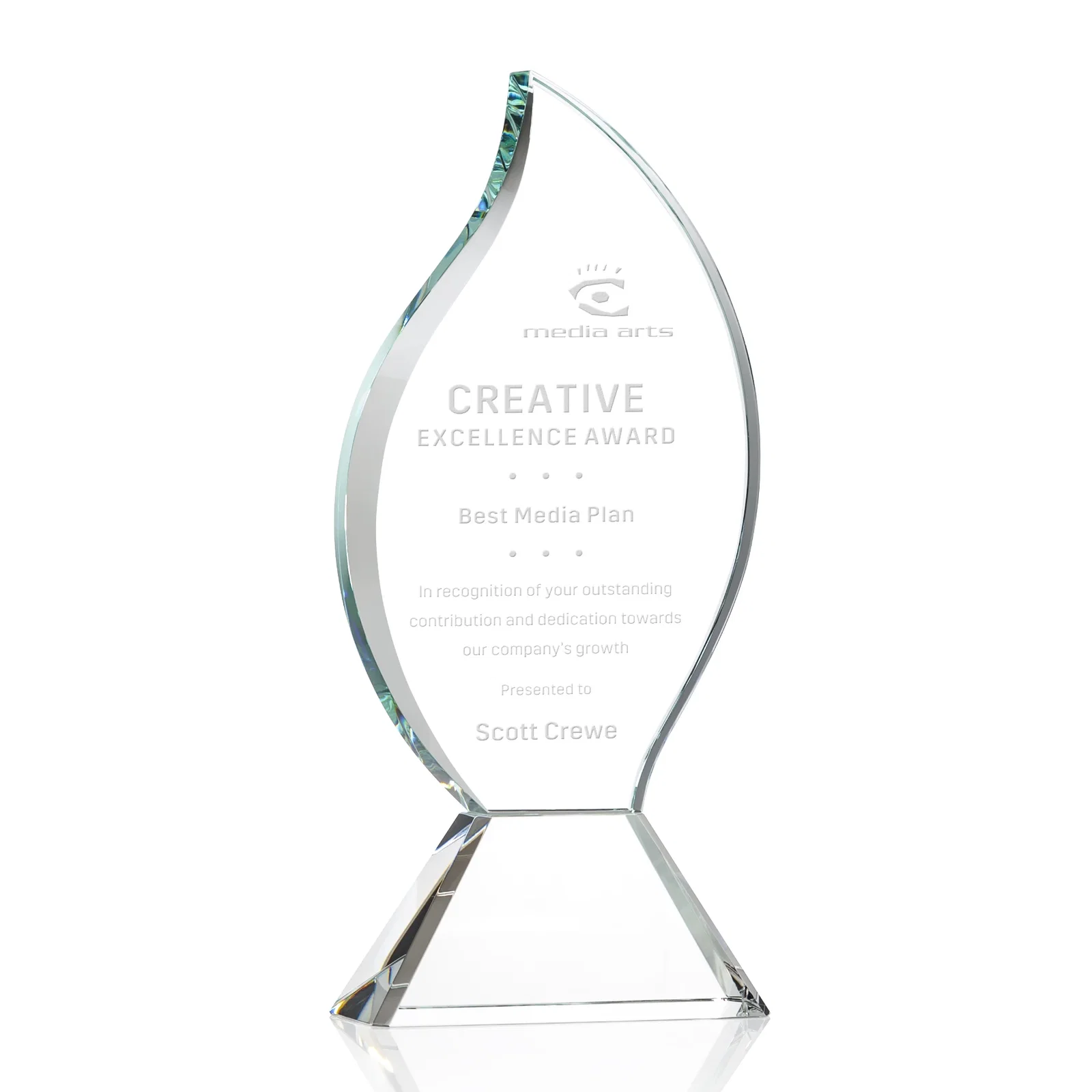 Custom Optical Crystal Flame Award with Sweeping Bevel on Tapered Base for sales achievement awards