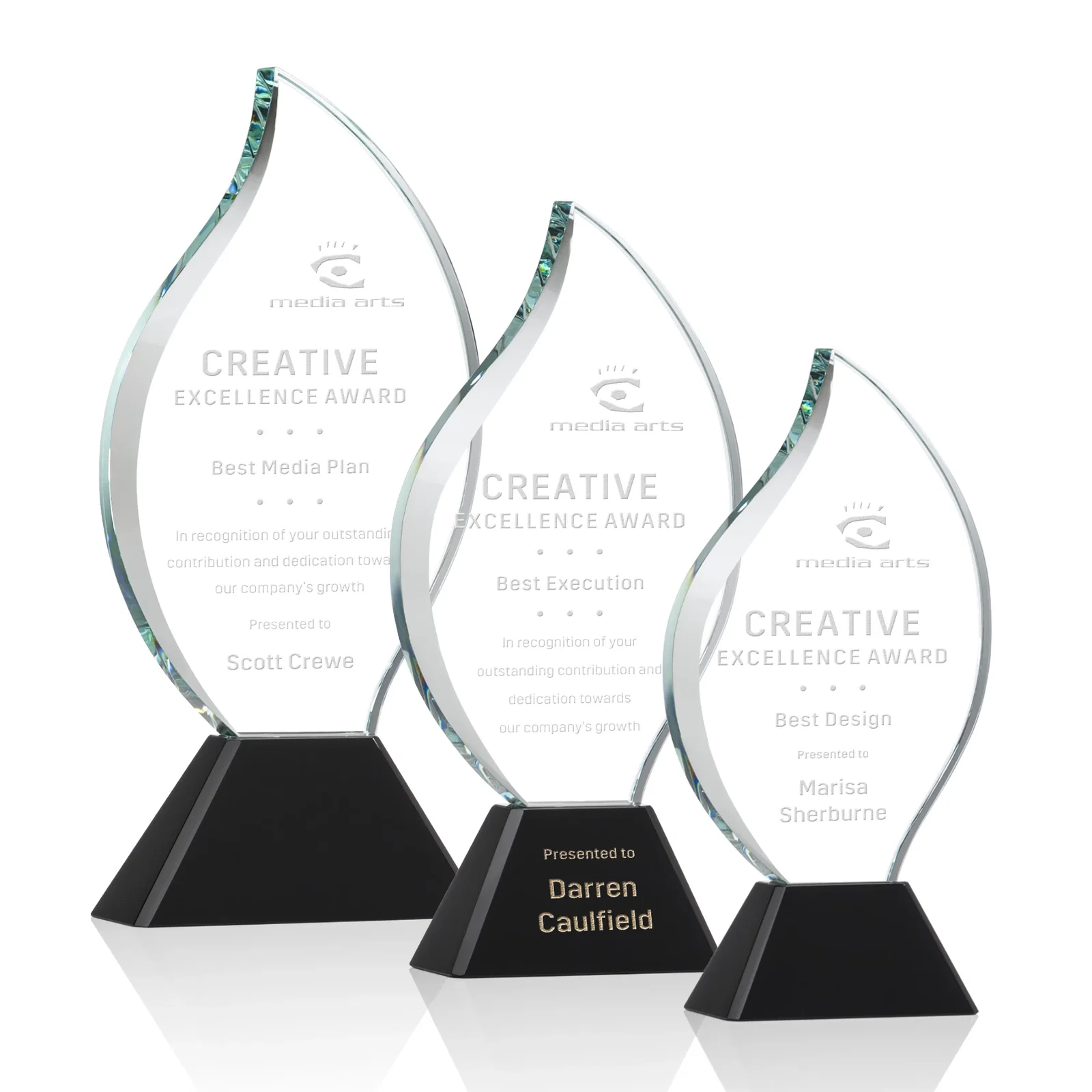 Custom Optical Crystal Flame Award with Sweeping Bevel on Tapered Base for retirement presentations