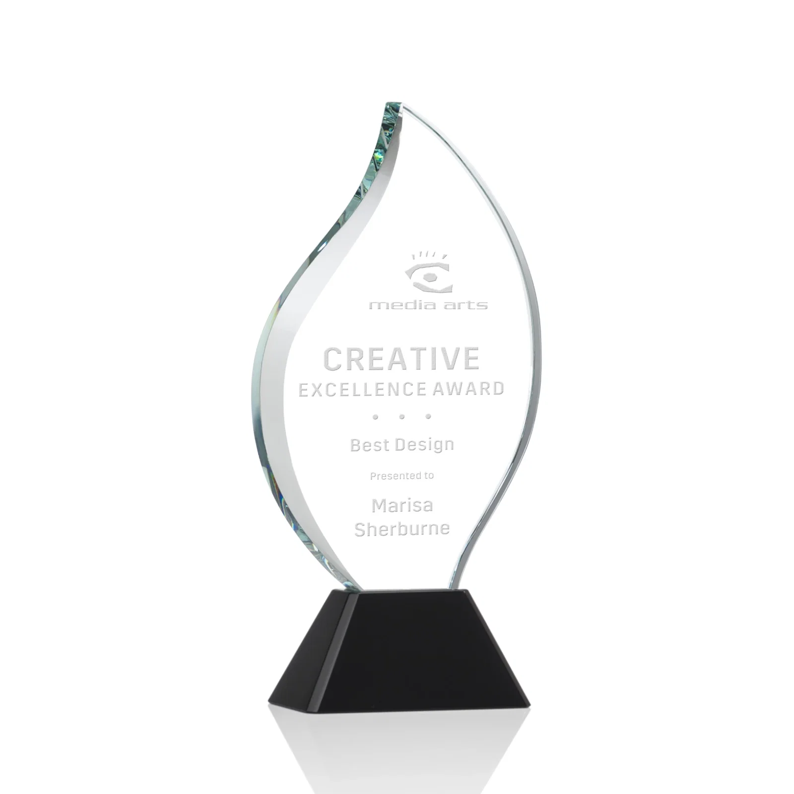 Custom Optical Crystal Flame Award with Sweeping Bevel on Tapered Base for team milestone celebrations