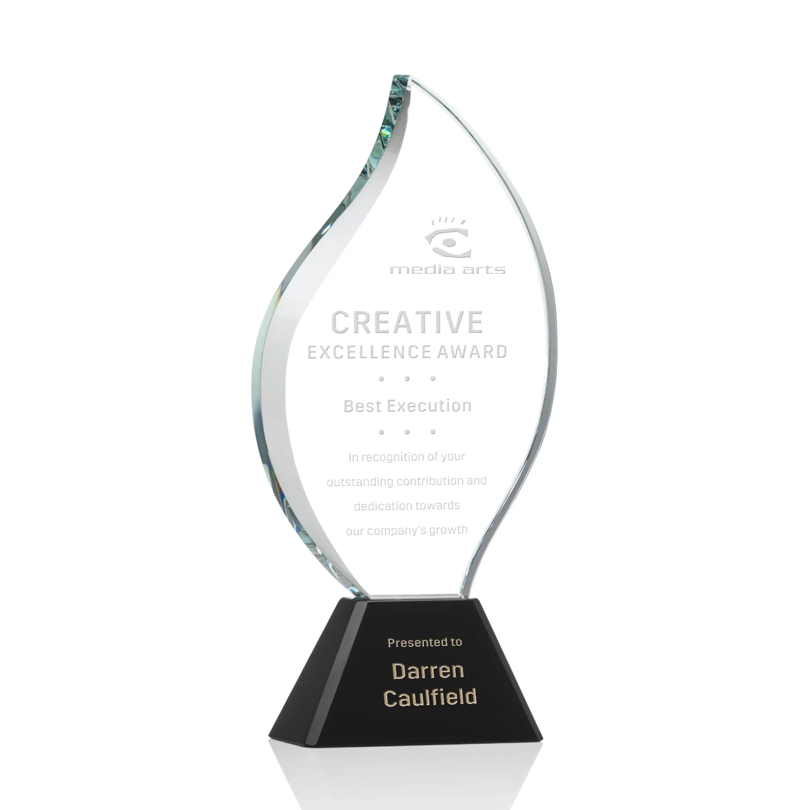 Custom Optical Crystal Flame Award with Sweeping Bevel on Tapered Base for donor appreciation