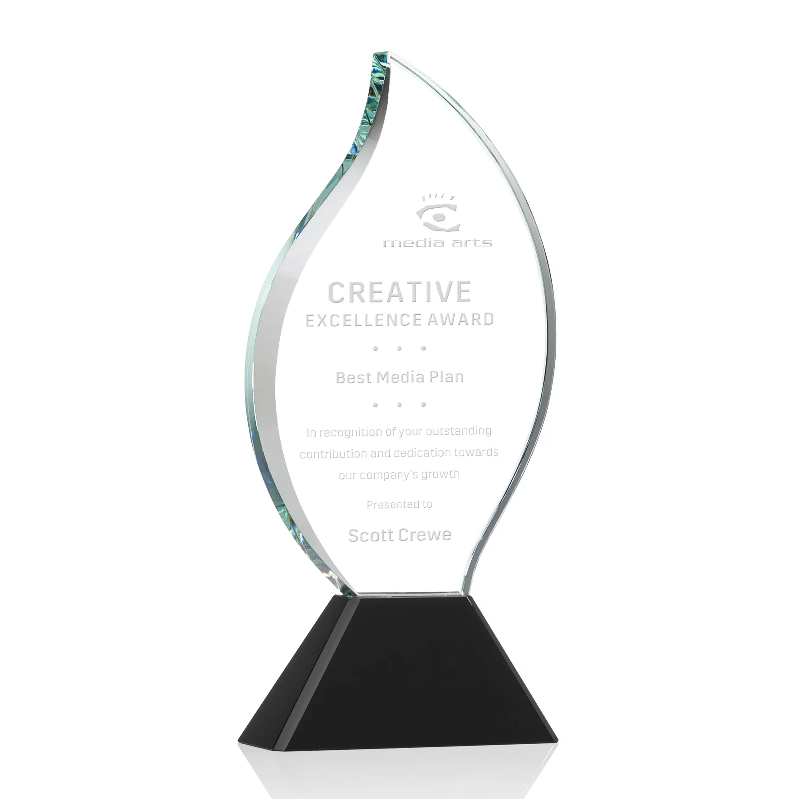 Custom Optical Crystal Flame Award with Sweeping Bevel on Tapered Base for graduation ceremonies