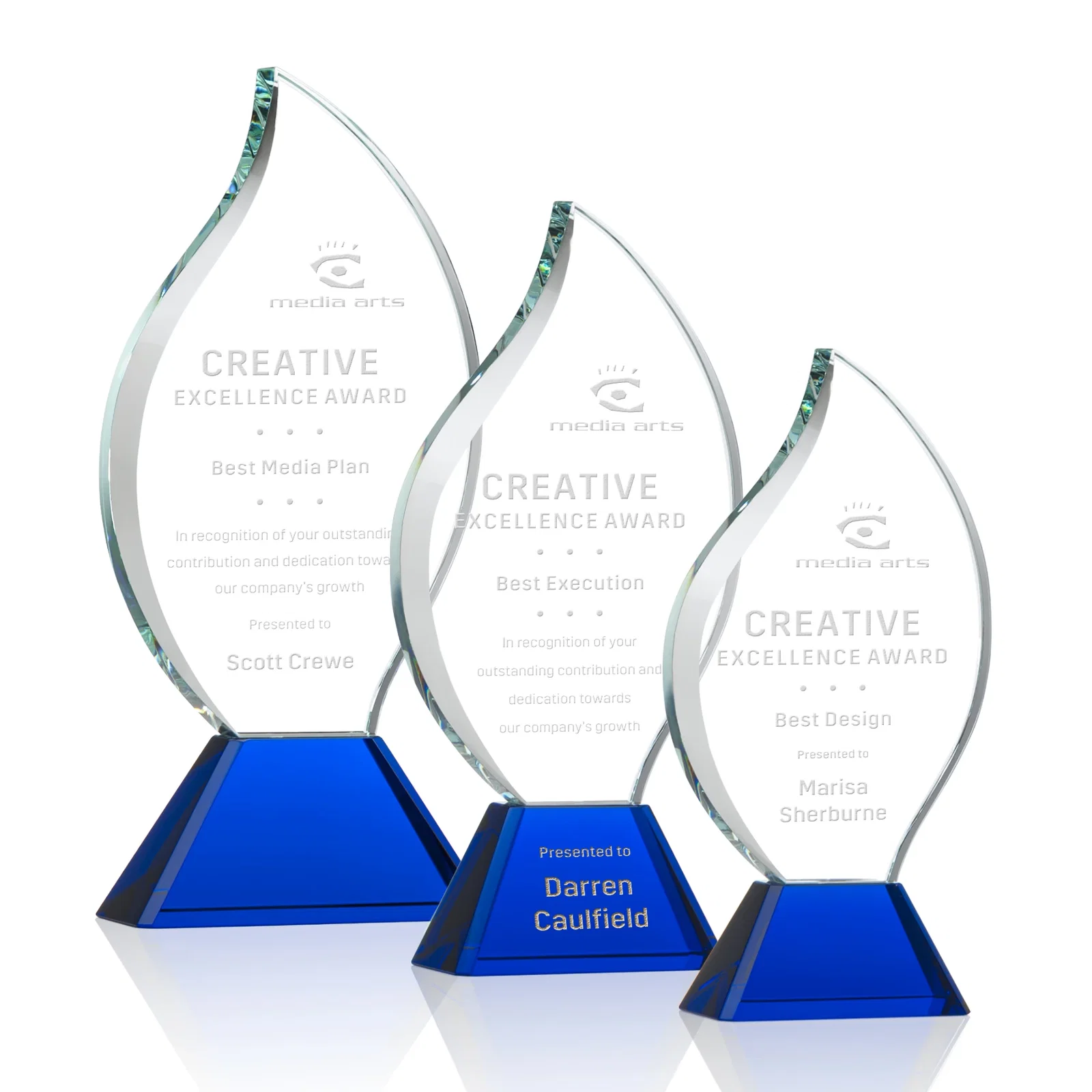 Custom Optical Crystal Flame Award with Sweeping Bevel on Tapered Base for safety achievement programs