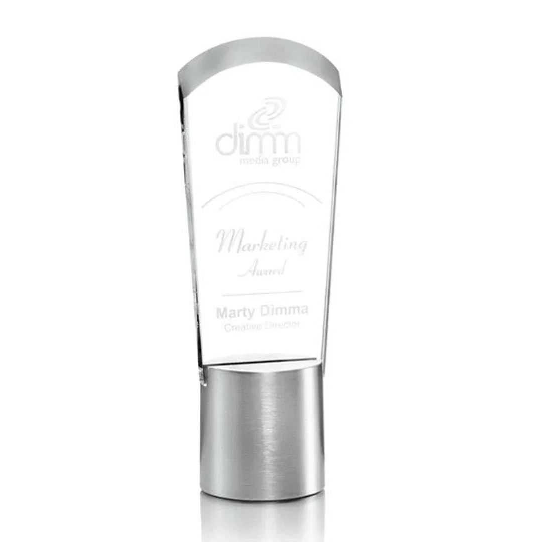 Custom Starfire Crystal Upright Award Inset in Brushed Aluminum, metal awards for employee recognition