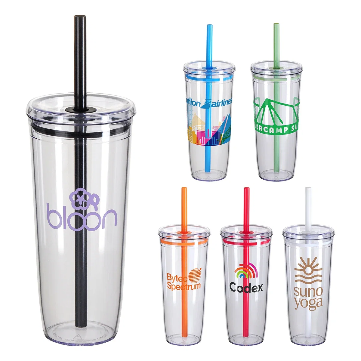 Custom Norris 20 oz Recycled Acrylic Tumbler, front view of the branded straw tumbler