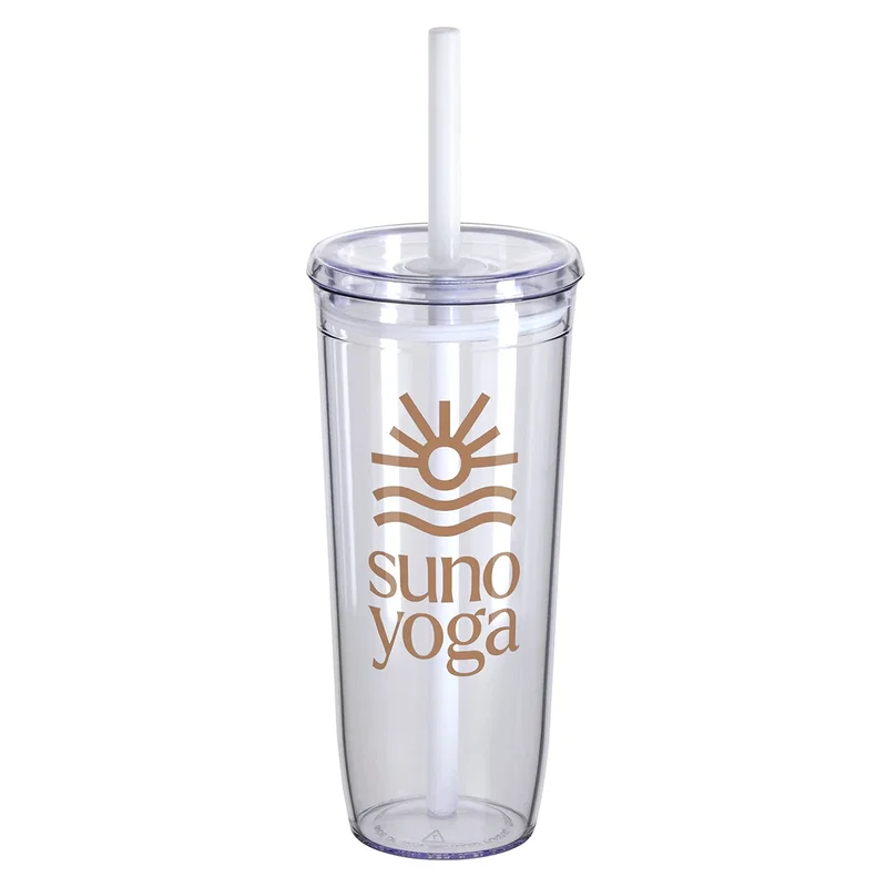 Promotional Norris Acrylic Tumbler on a desk, branded drinkware lifestyle shot