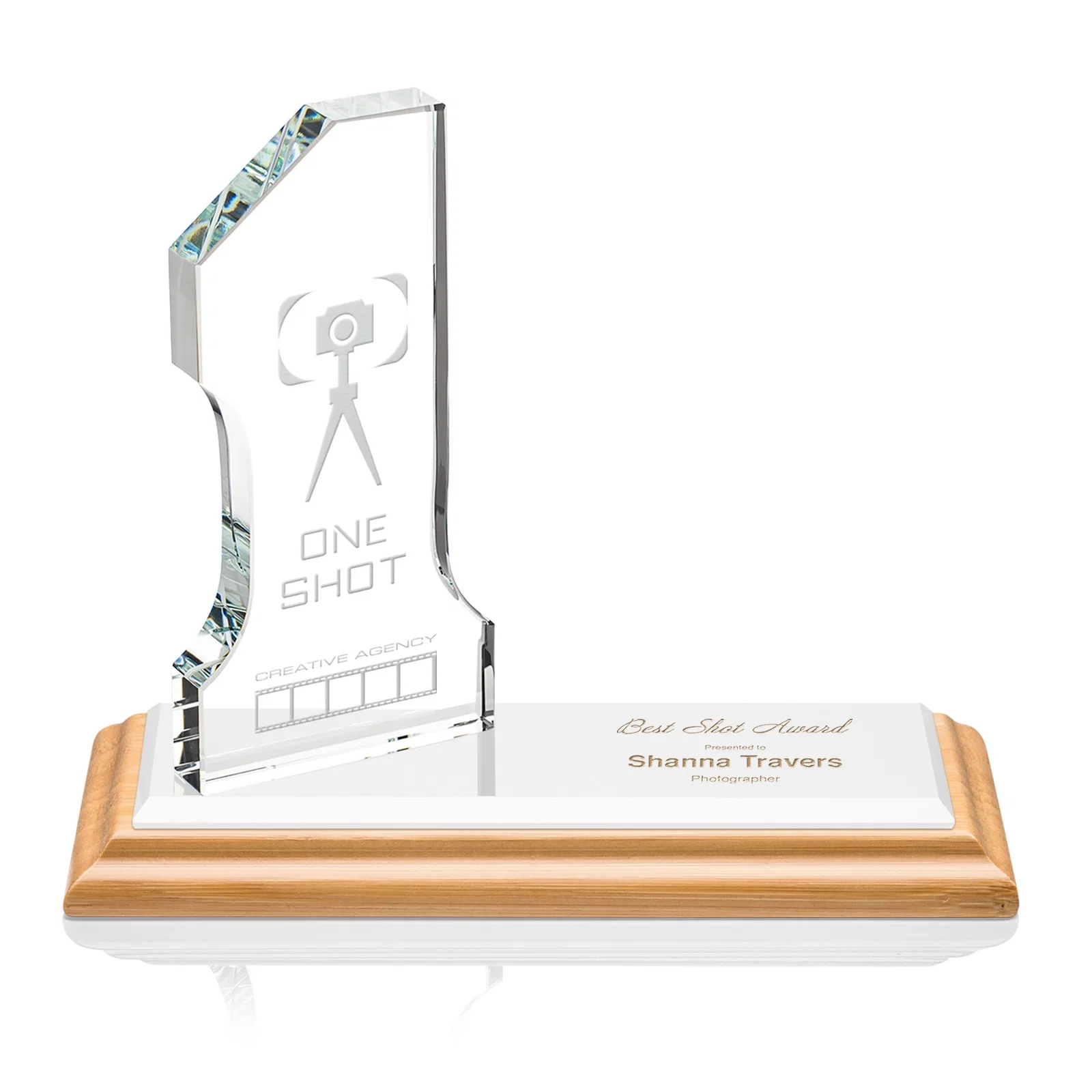 Custom Starfire Crystal Number One Award with an Engravable Base, desk awards for volunteer appreciation