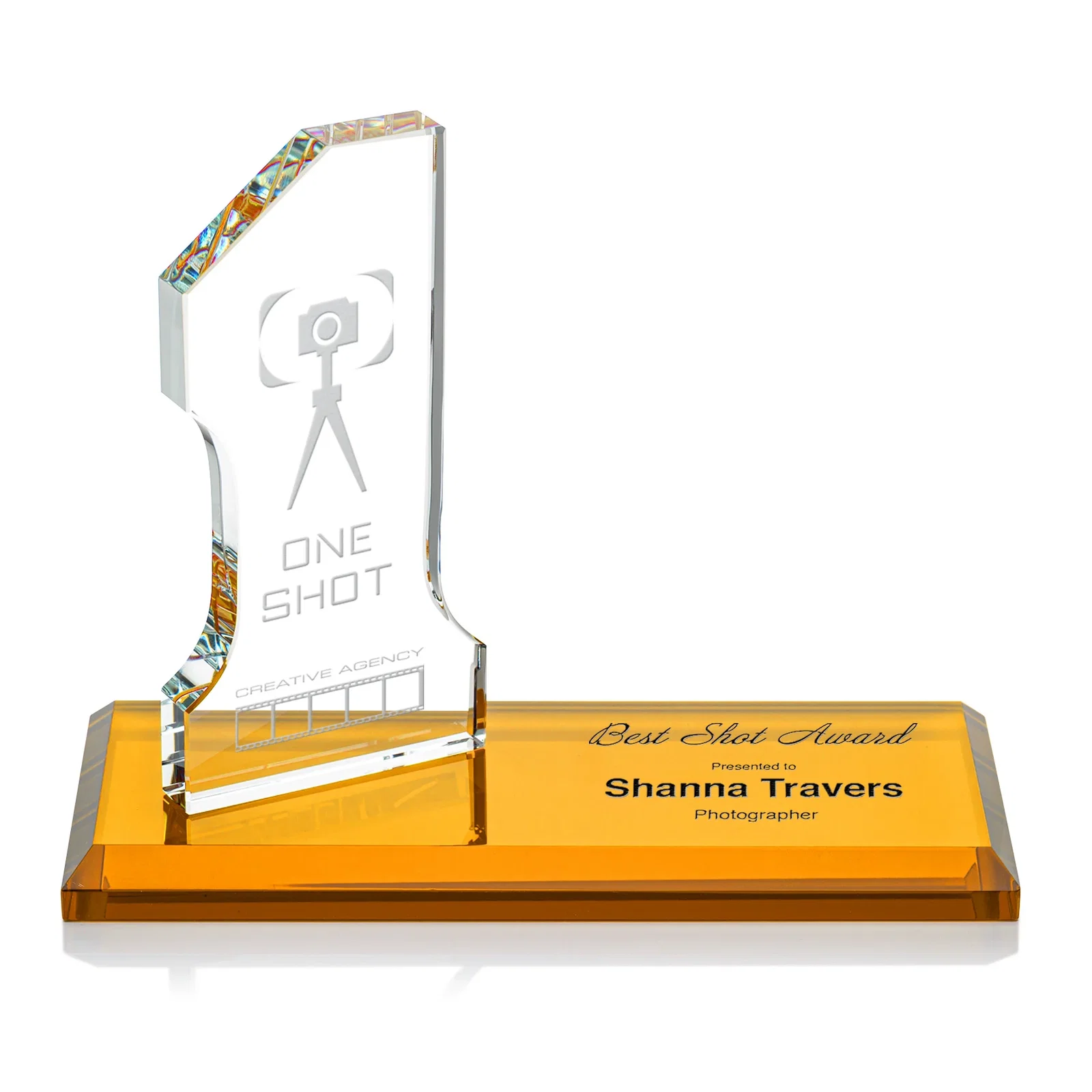 Custom Starfire Crystal Number One Award with an Engravable Base, desk awards for dealer and partner awards