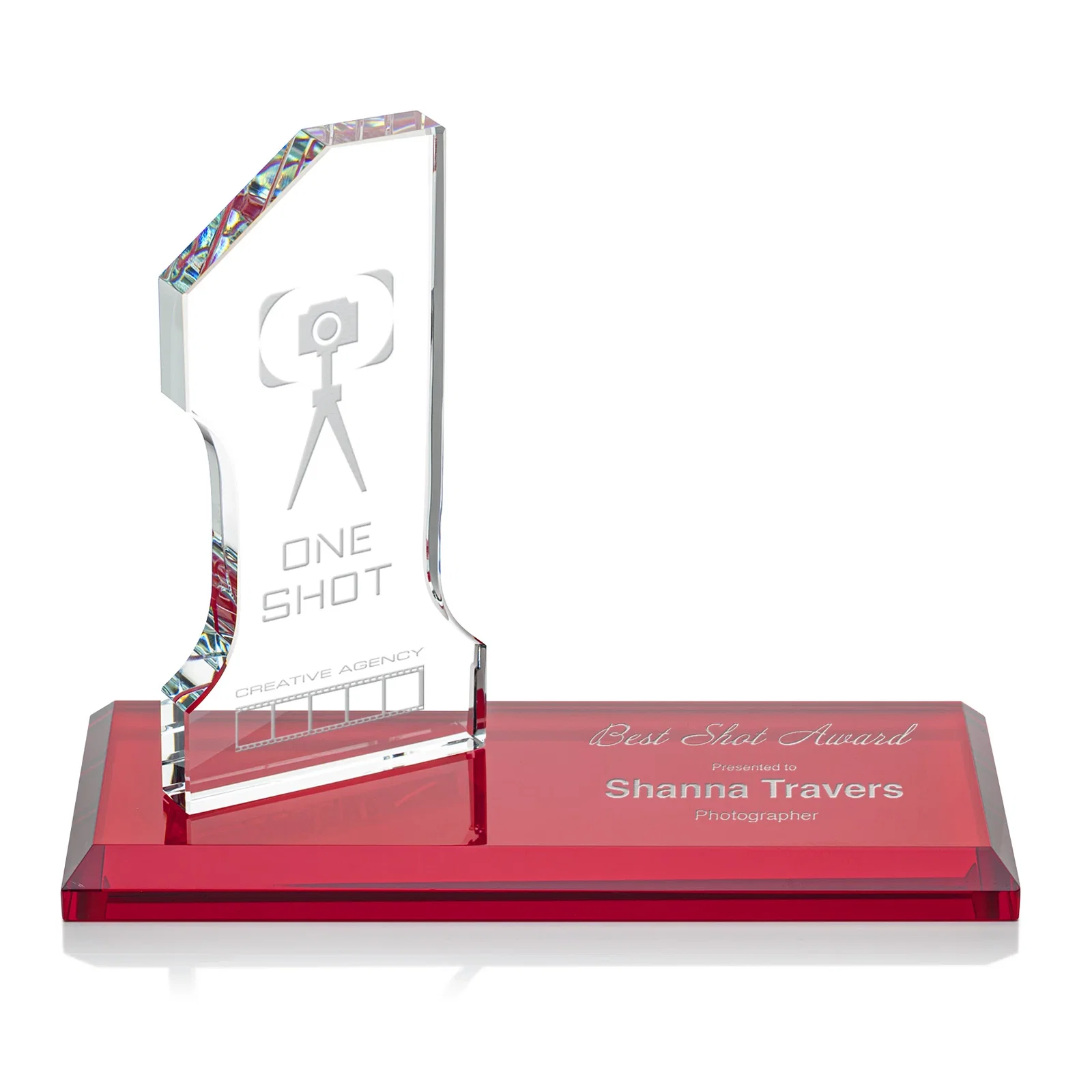 Custom Starfire Crystal Number One Award with an Engravable Base, desk awards for company anniversary events