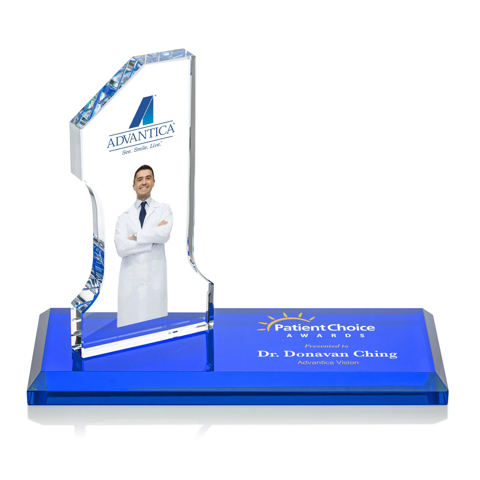 Personalized Starfire Crystal Number One Award with an Engravable Base, desk awards for retirement presentations