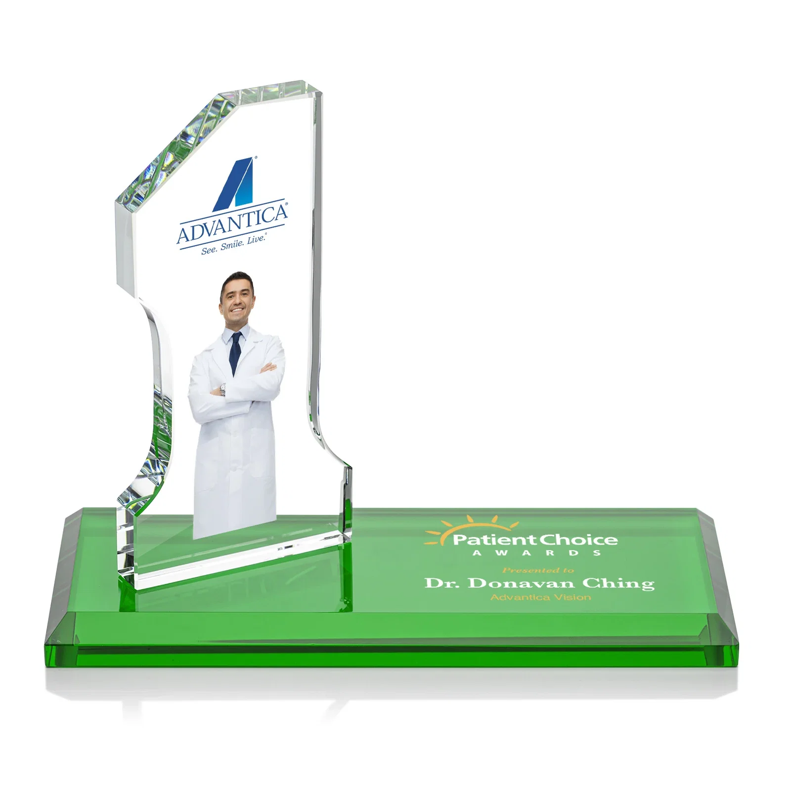 Personalized Starfire Crystal Number One Award with an Engravable Base, desk awards for team milestone celebrations