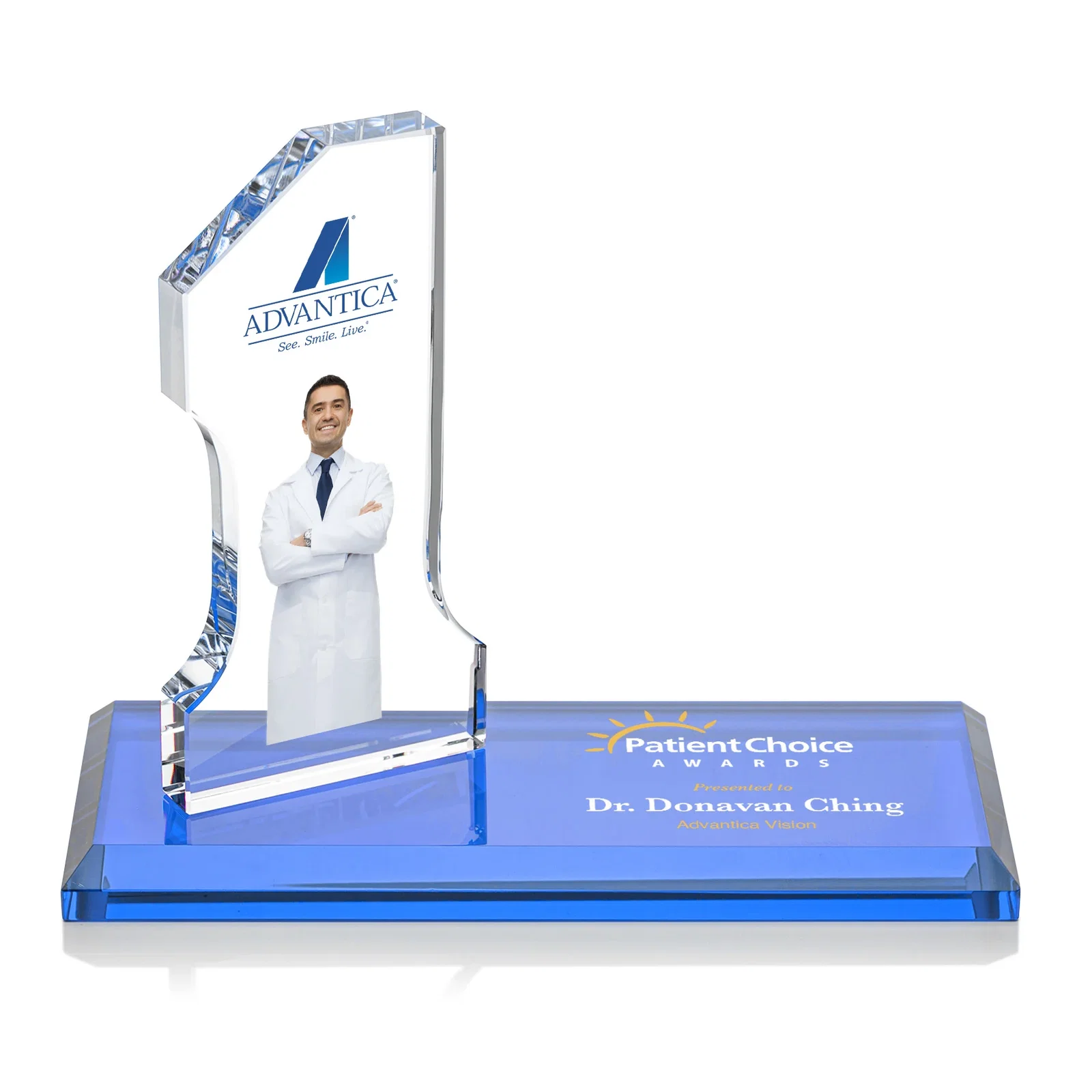 Personalized Starfire Crystal Number One Award with an Engravable Base, desk awards for donor appreciation