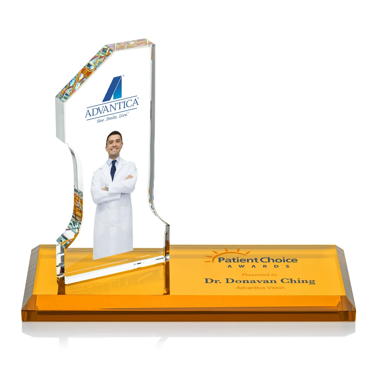 Personalized Starfire Crystal Number One Award with an Engravable Base, desk awards for company anniversary events