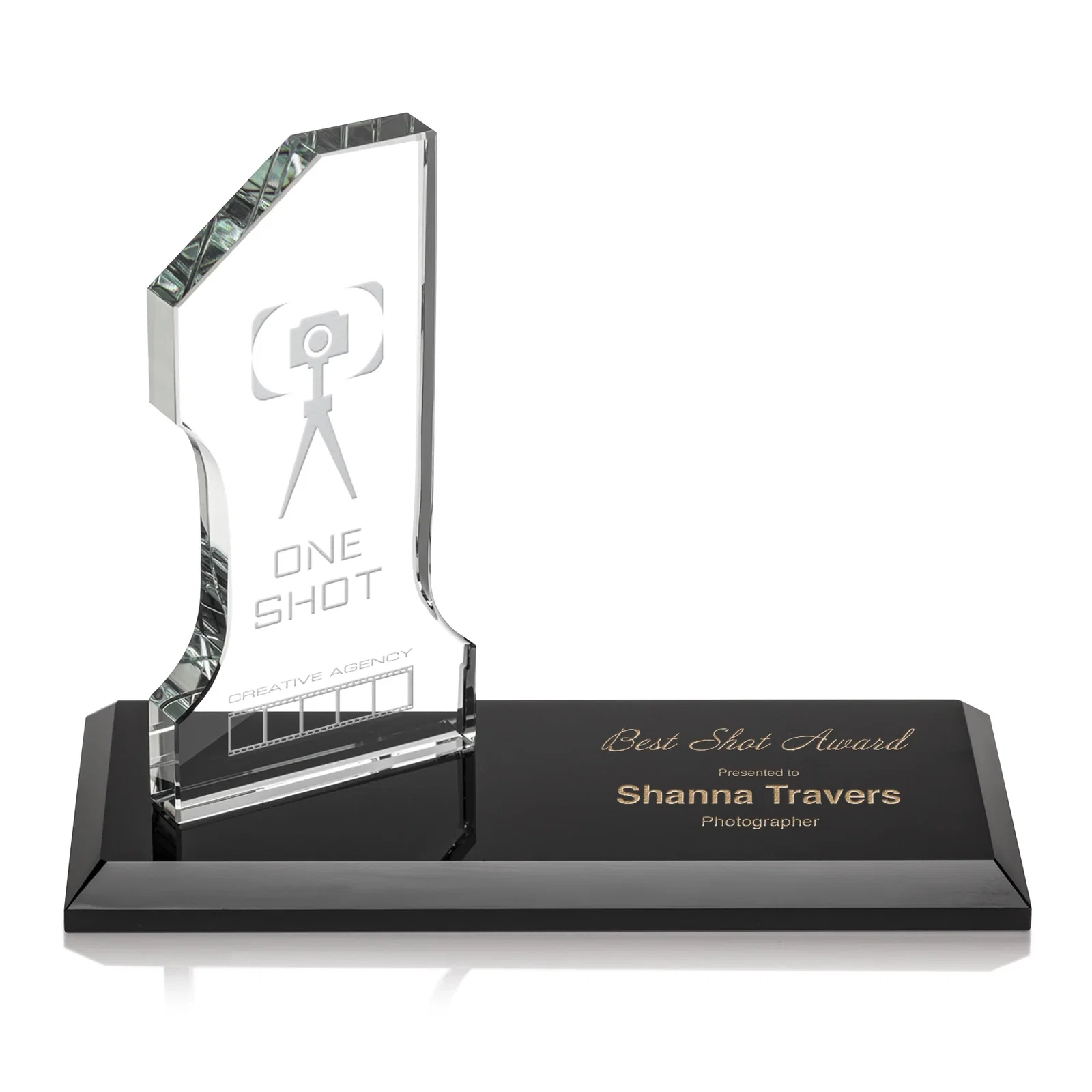 Custom Starfire Crystal Number One Award with an Engravable Base, desk awards for service anniversary gifts