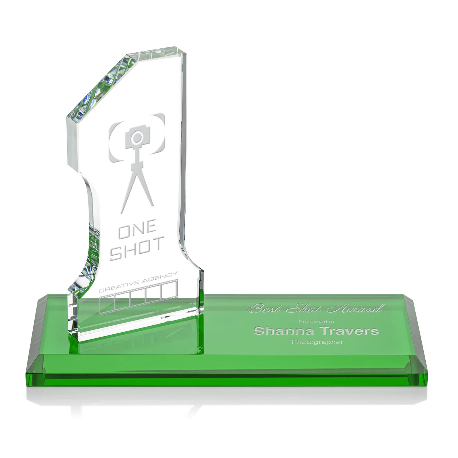 Custom Starfire Crystal Number One Award with an Engravable Base, desk awards for retirement presentations