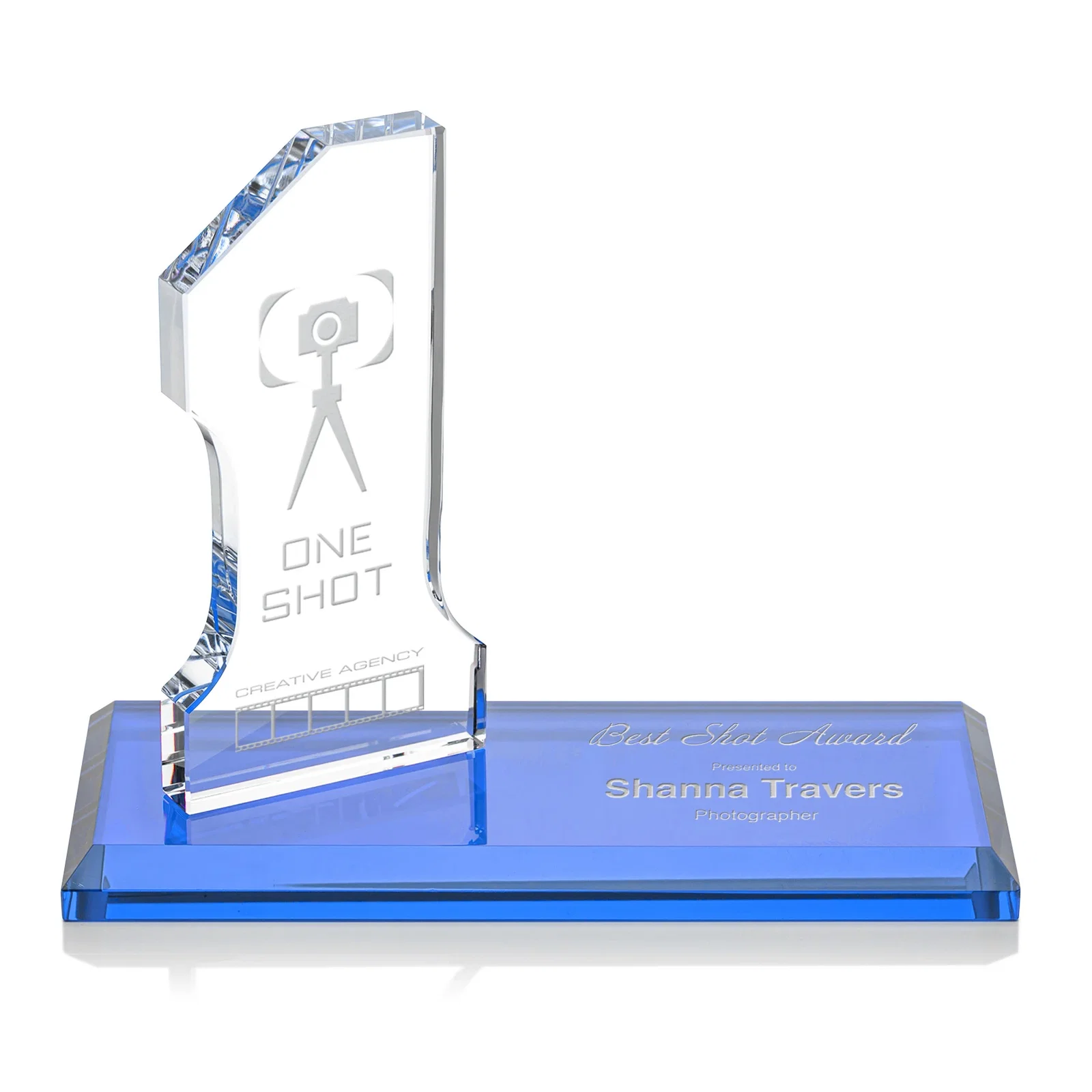 Custom Starfire Crystal Number One Award with an Engravable Base, desk awards for team milestone celebrations
