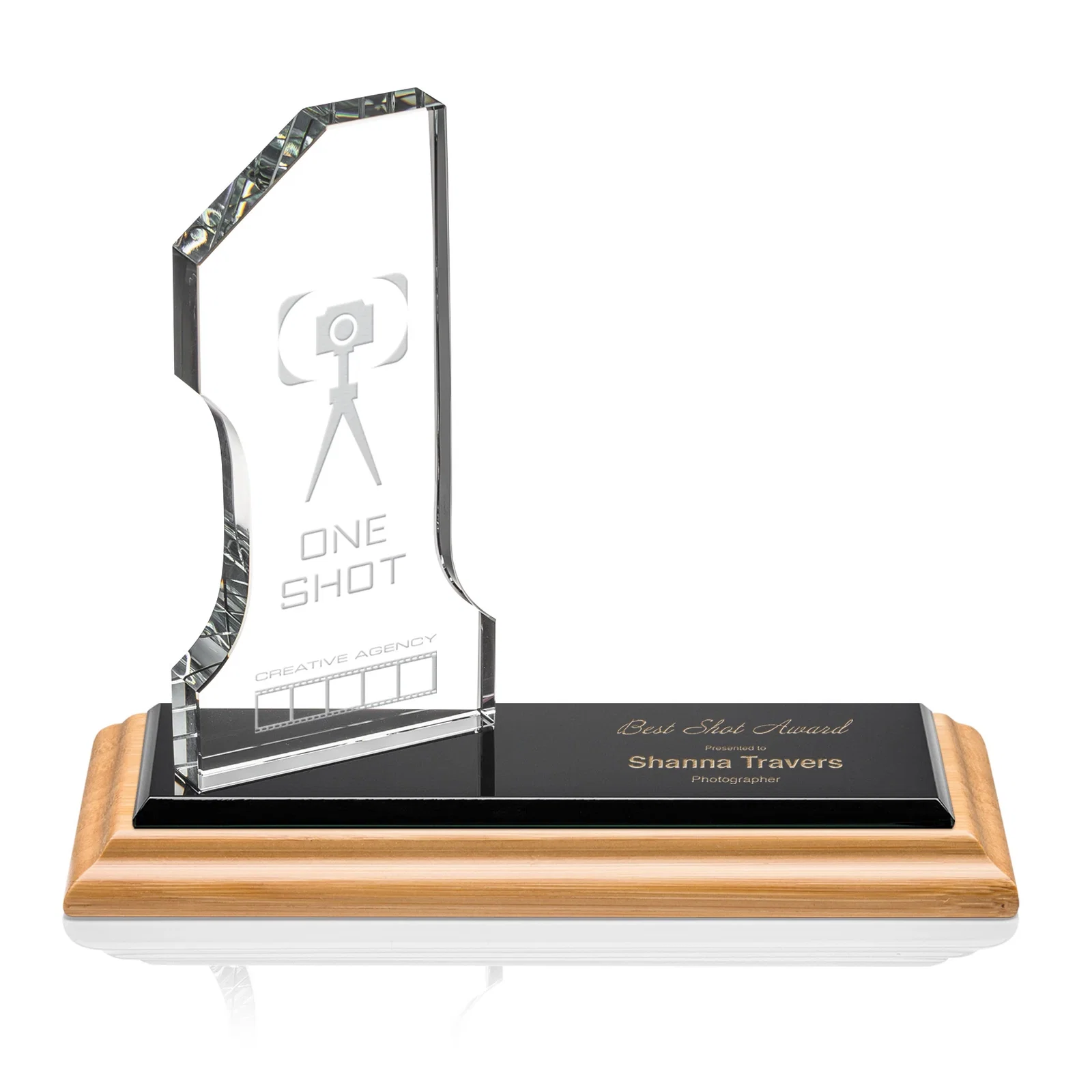 Custom Starfire Crystal Number One Award with an Engravable Base, desk awards for donor appreciation