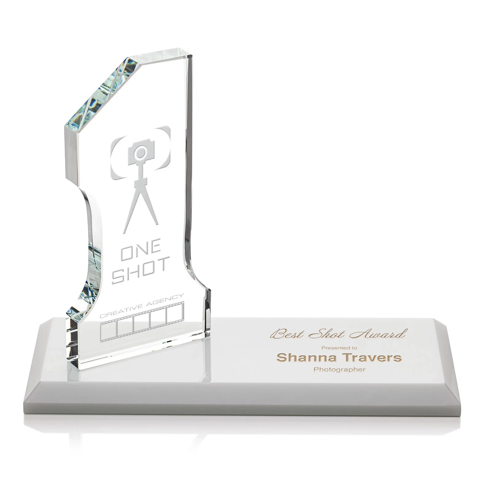 Custom Starfire Crystal Number One Award with an Engravable Base, desk awards for safety achievement programs