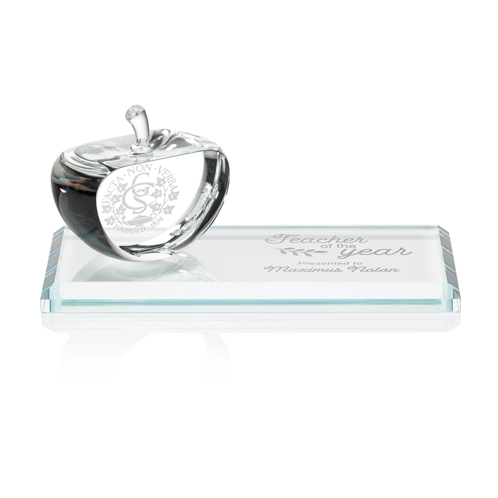 Custom Optical Crystal Apple Award With a Bamboo or Rosewood Base for employee recognition