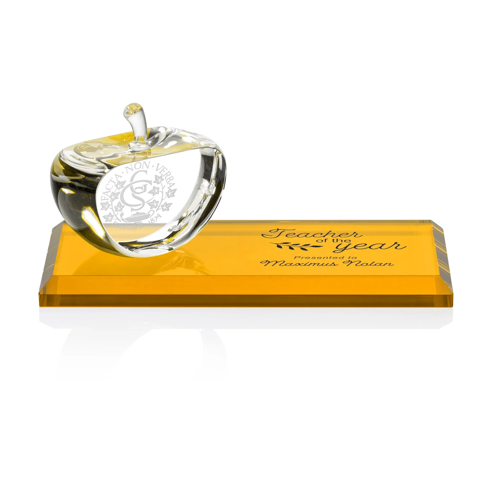 Custom Optical Crystal Apple Award With a Bamboo or Rosewood Base for volunteer appreciation