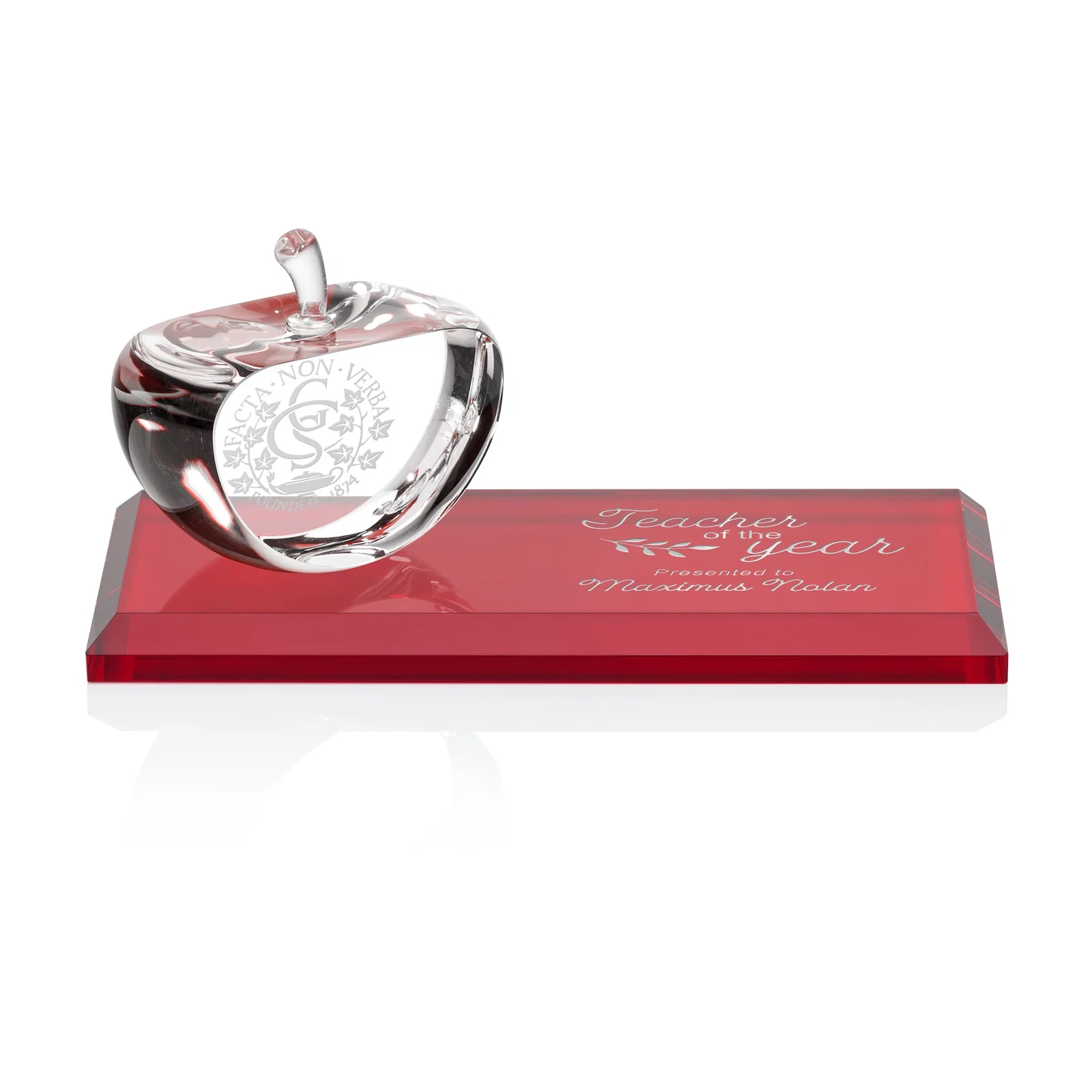 Custom Optical Crystal Apple Award With a Bamboo or Rosewood Base for dealer and partner awards