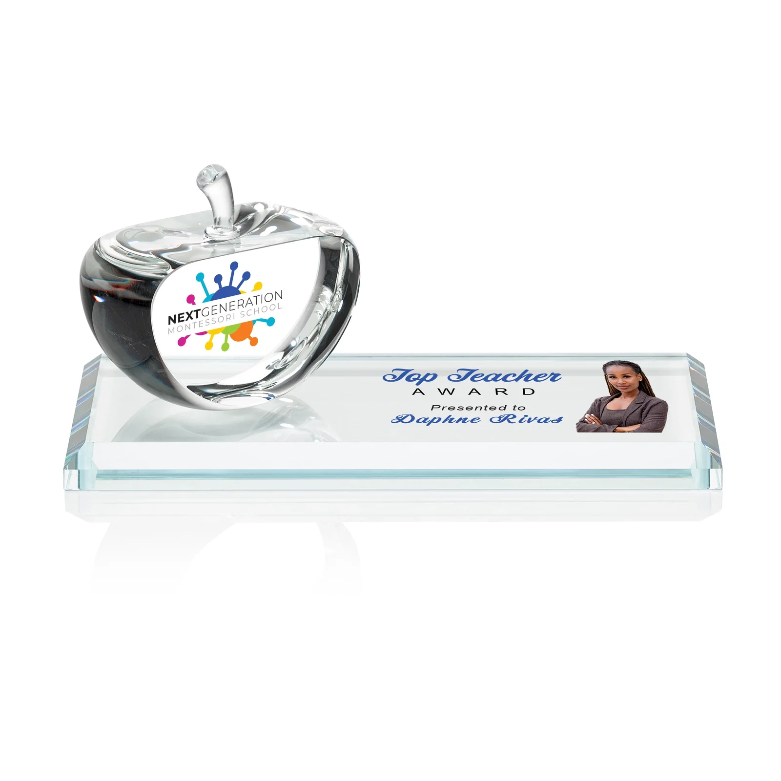 Custom Optical Crystal Apple Award With a Bamboo or Rosewood Base for company anniversary events