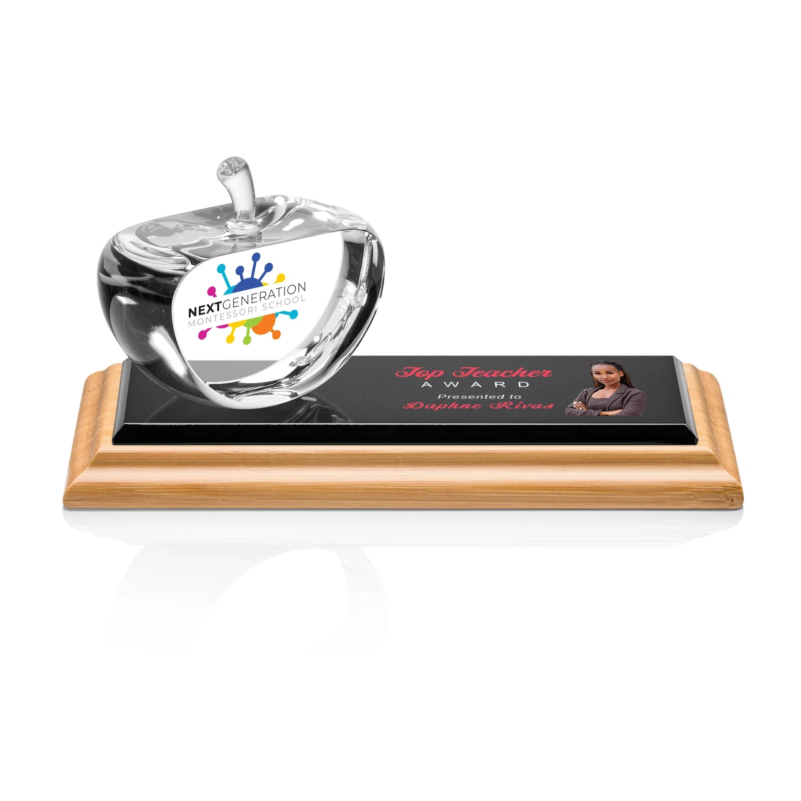 Personalized Optical Crystal Apple Award With a Bamboo or Rosewood Base for employee recognition