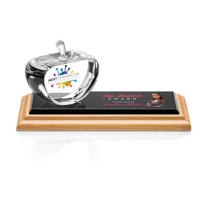 Optical Crystal Apple Award With a Bamboo or Rosewood Base