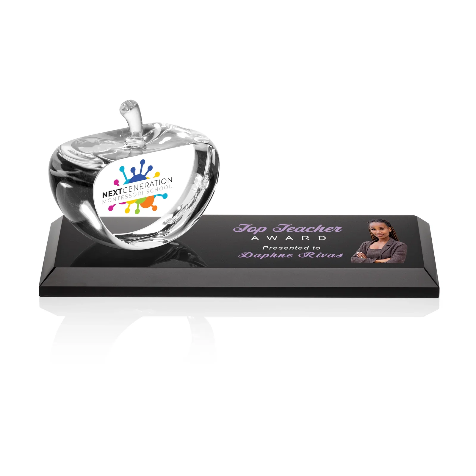 Personalized Optical Crystal Apple Award With a Bamboo or Rosewood Base for corporate award ceremonies