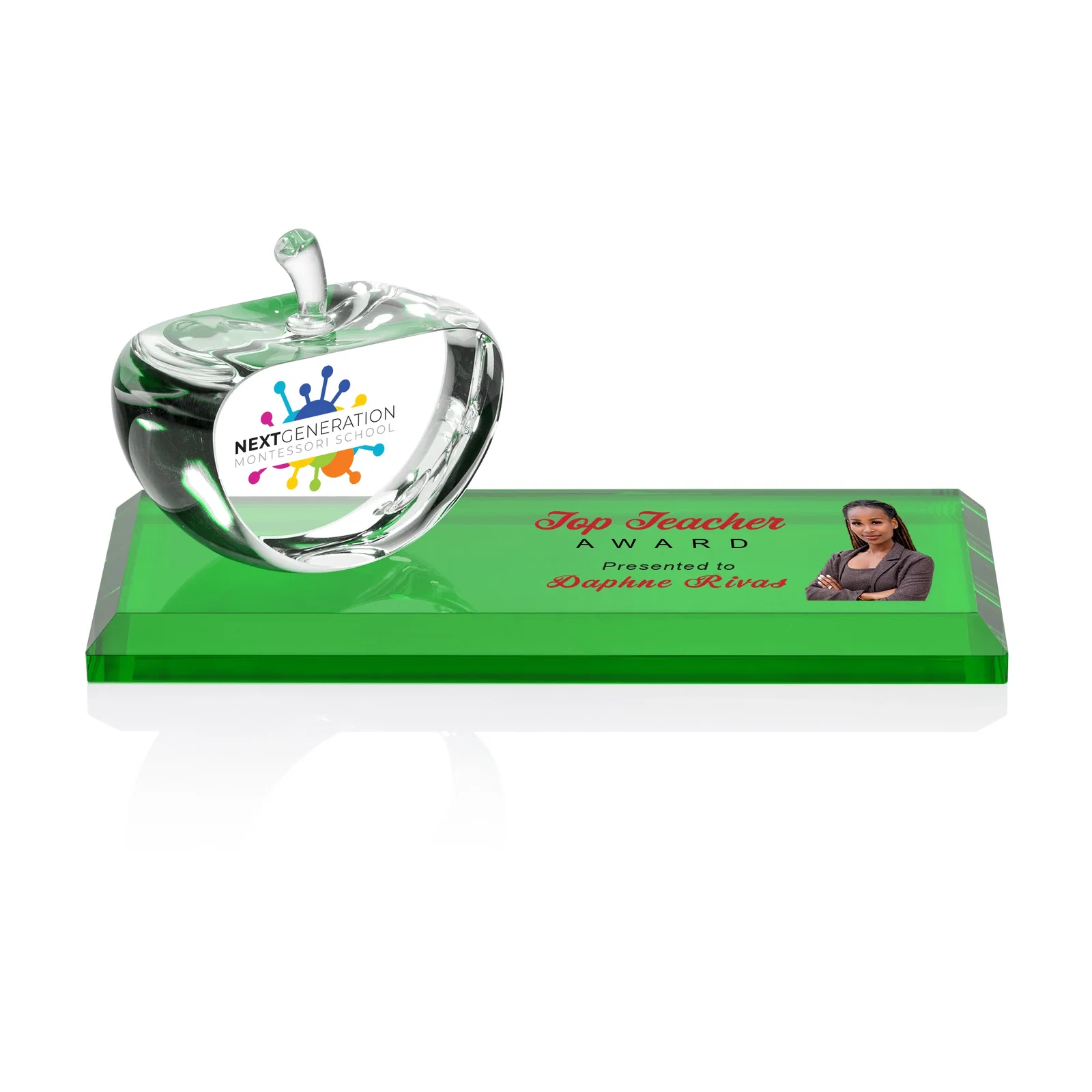 Personalized Optical Crystal Apple Award With a Bamboo or Rosewood Base for sales achievement awards