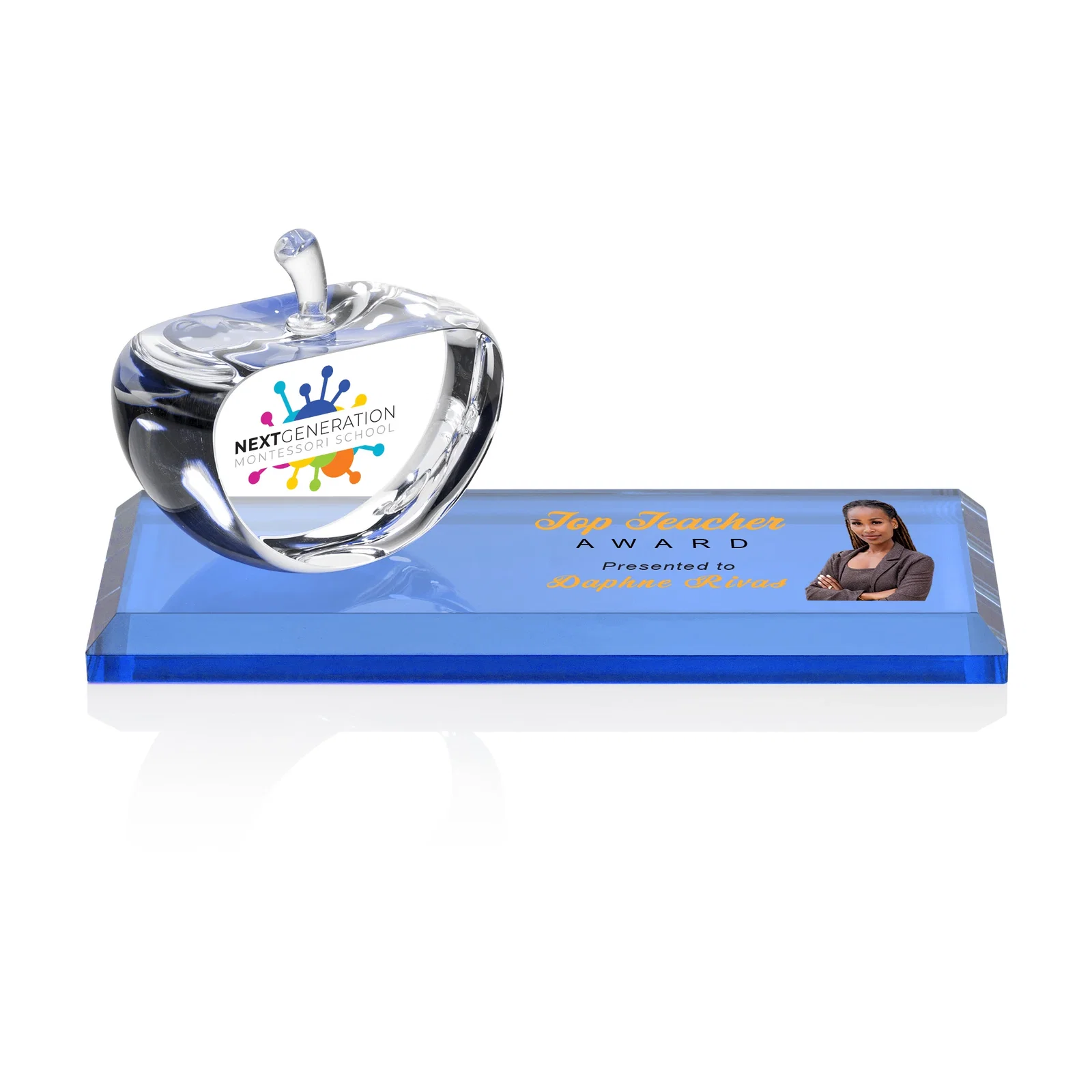 Personalized Optical Crystal Apple Award With a Bamboo or Rosewood Base for team milestone celebrations