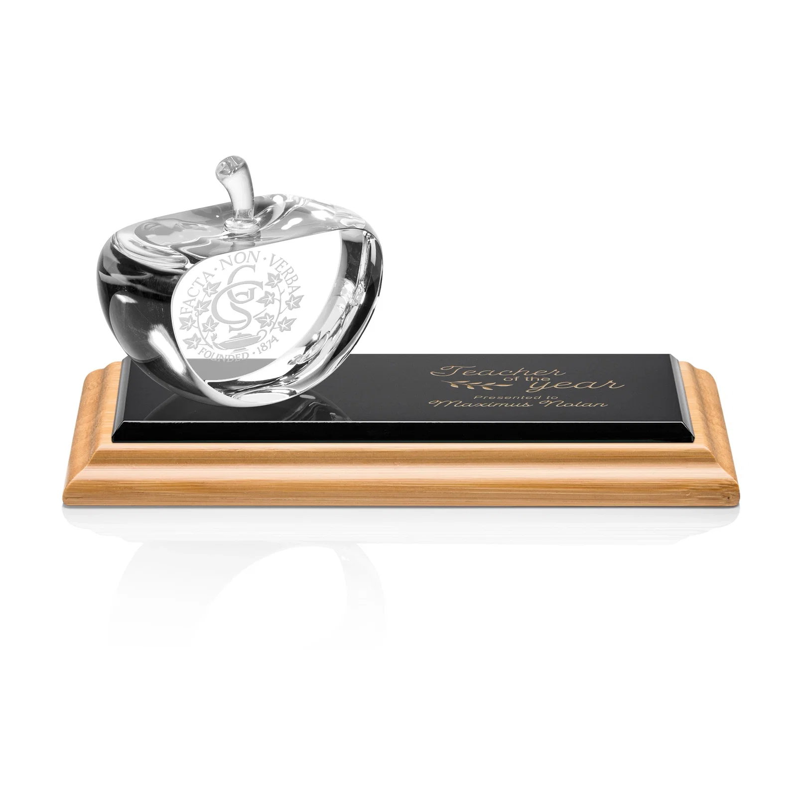 Custom Optical Crystal Apple Award With a Bamboo or Rosewood Base for corporate award ceremonies