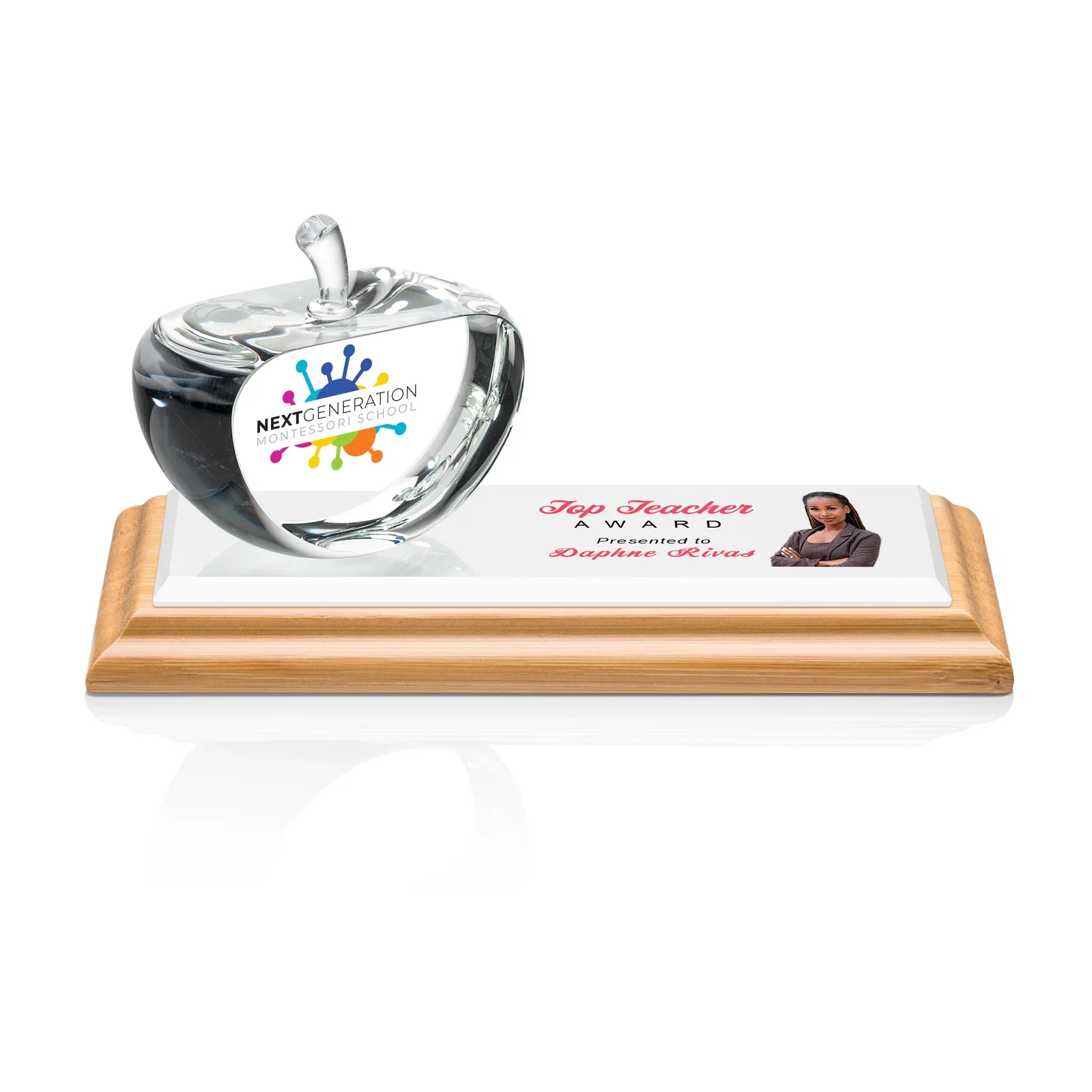 Personalized Optical Crystal Apple Award With a Bamboo or Rosewood Base for graduation ceremonies