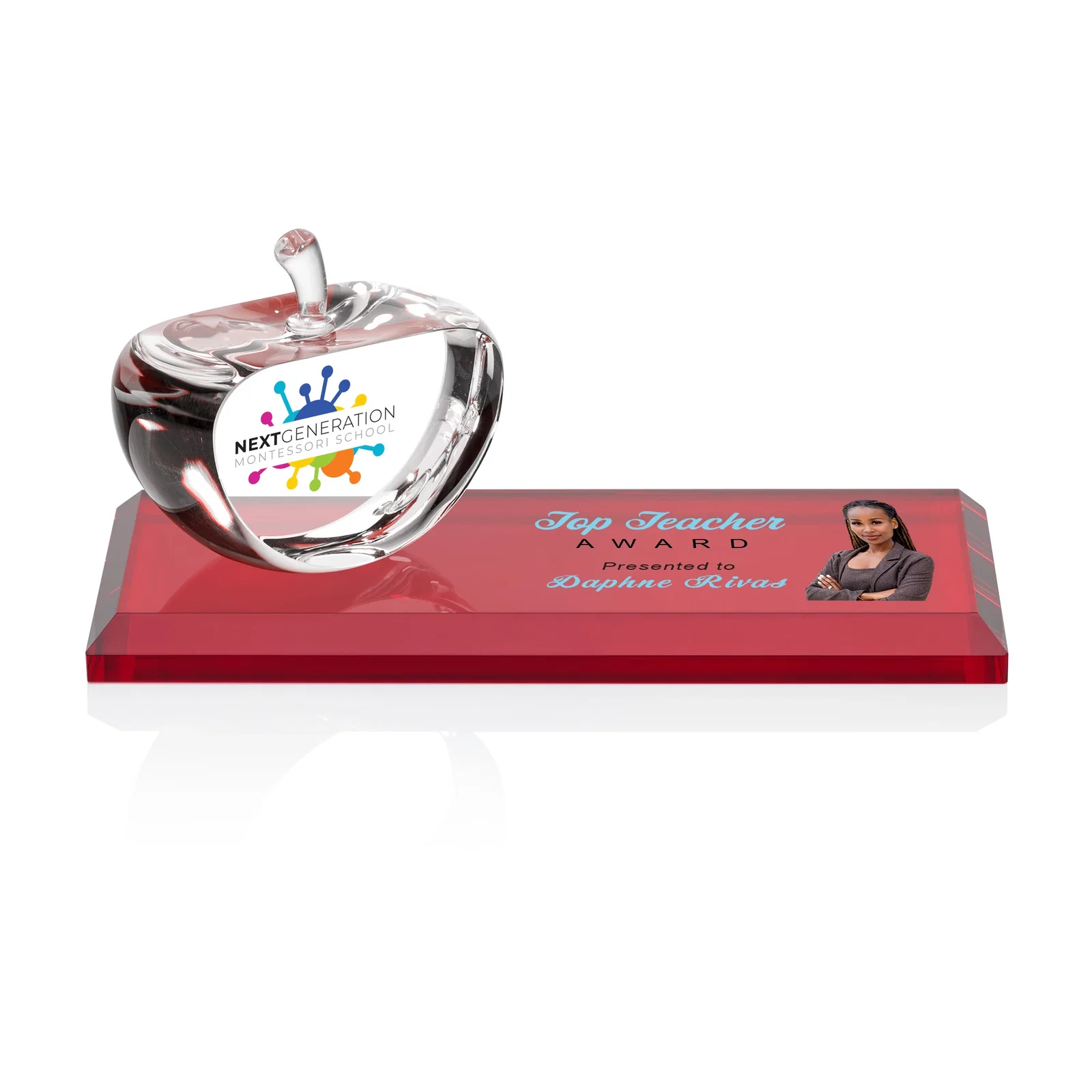 Personalized Optical Crystal Apple Award With a Bamboo or Rosewood Base for volunteer appreciation