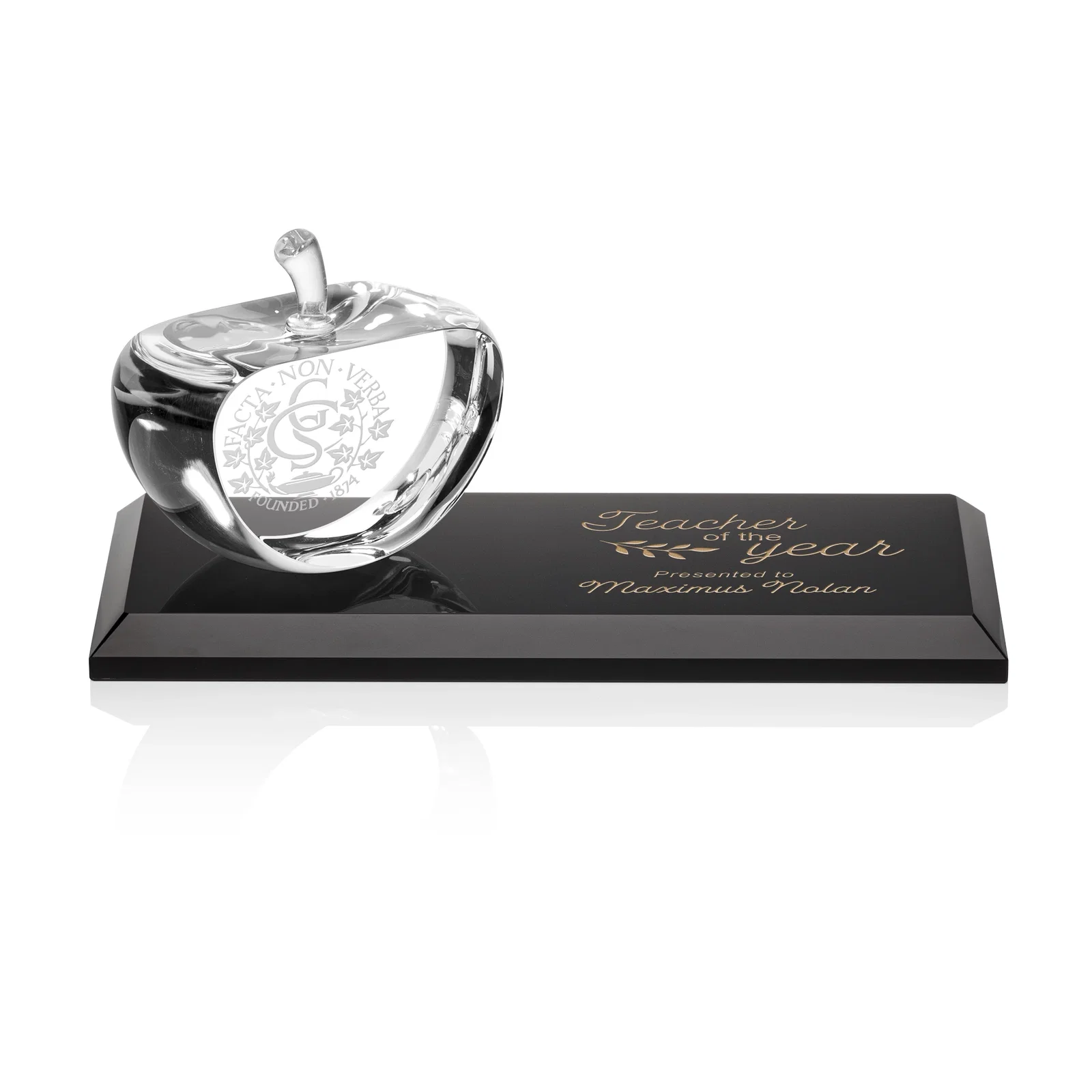 Custom Optical Crystal Apple Award With a Bamboo or Rosewood Base for service anniversary gifts