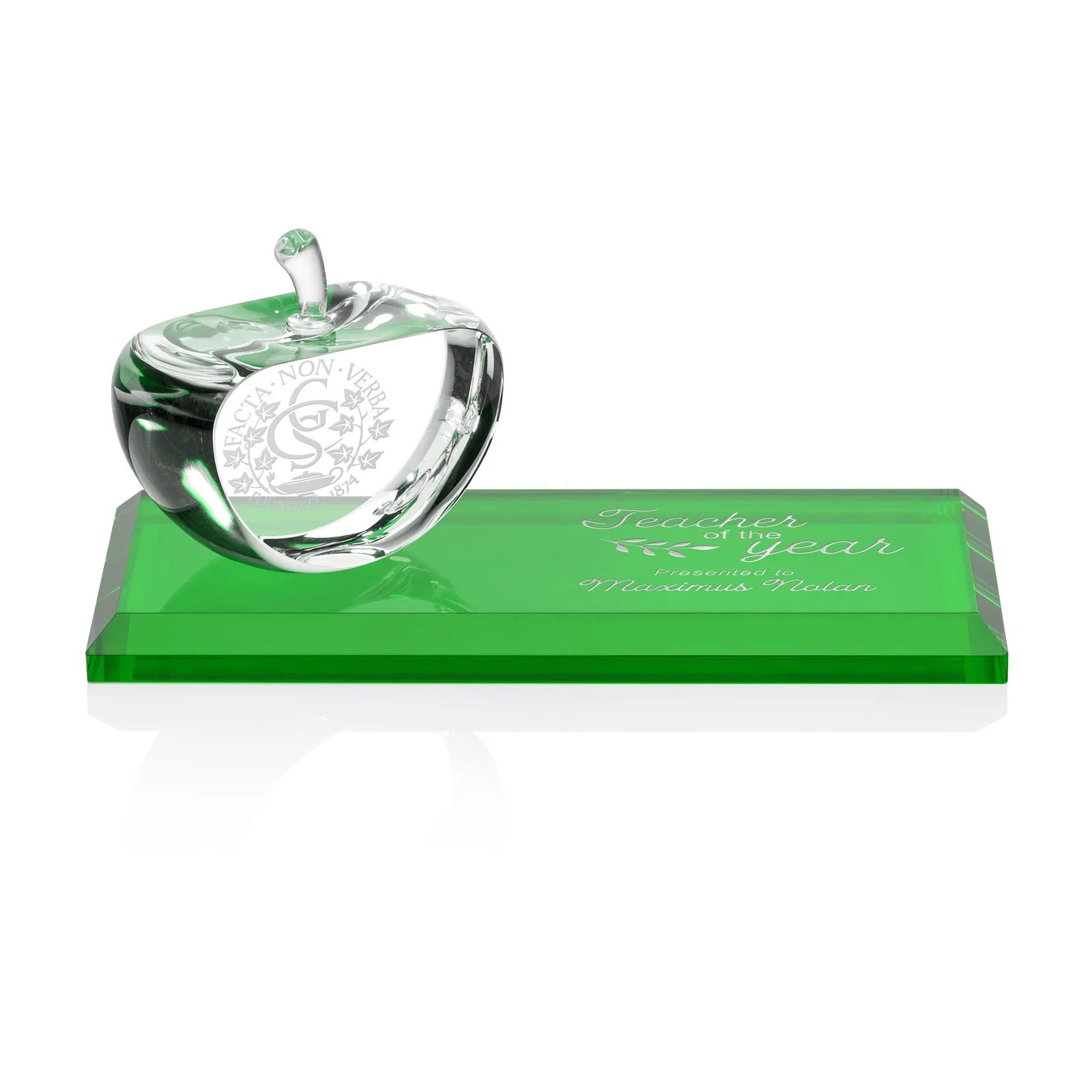 Custom Optical Crystal Apple Award With a Bamboo or Rosewood Base for retirement presentations