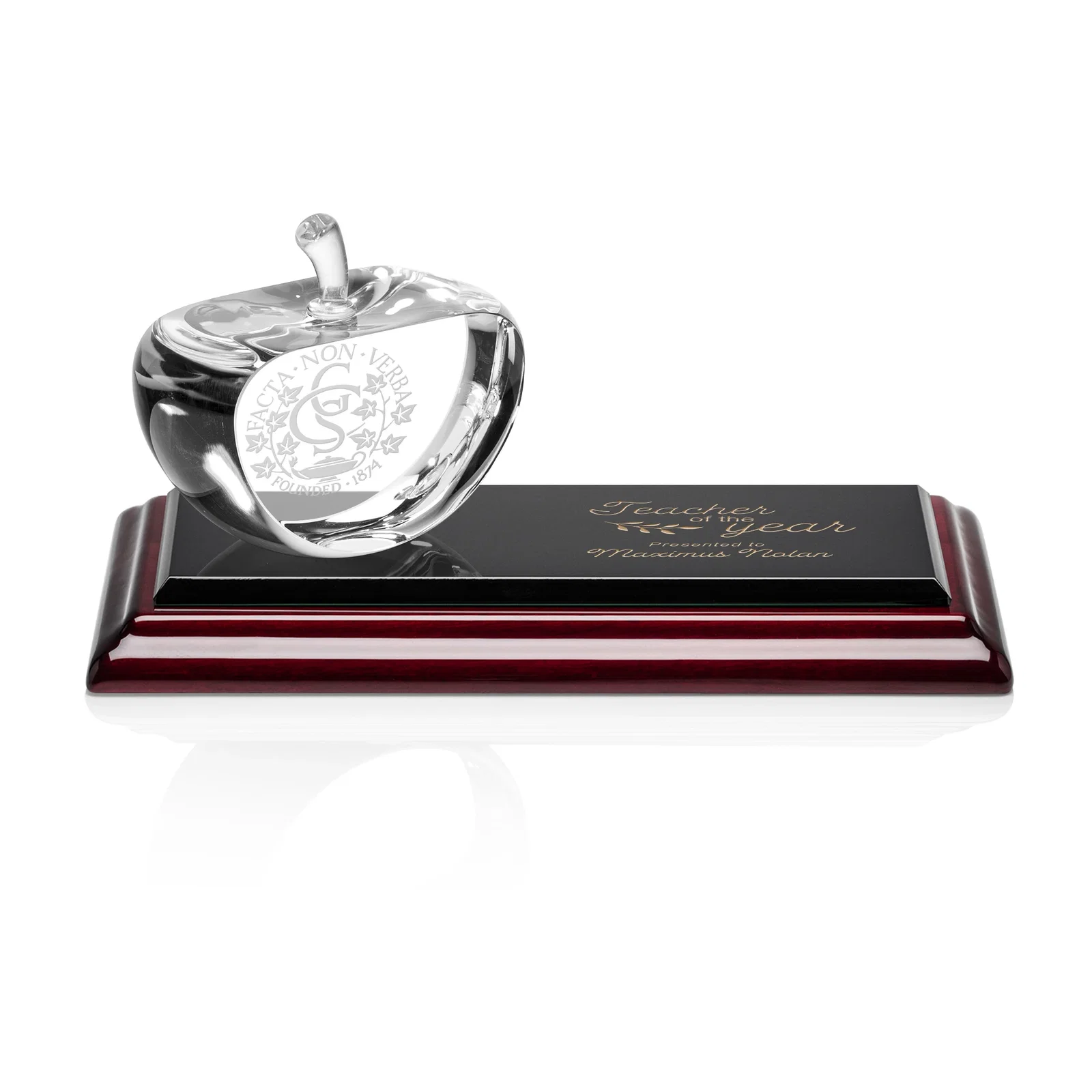 Custom Optical Crystal Apple Award With a Bamboo or Rosewood Base for team milestone celebrations