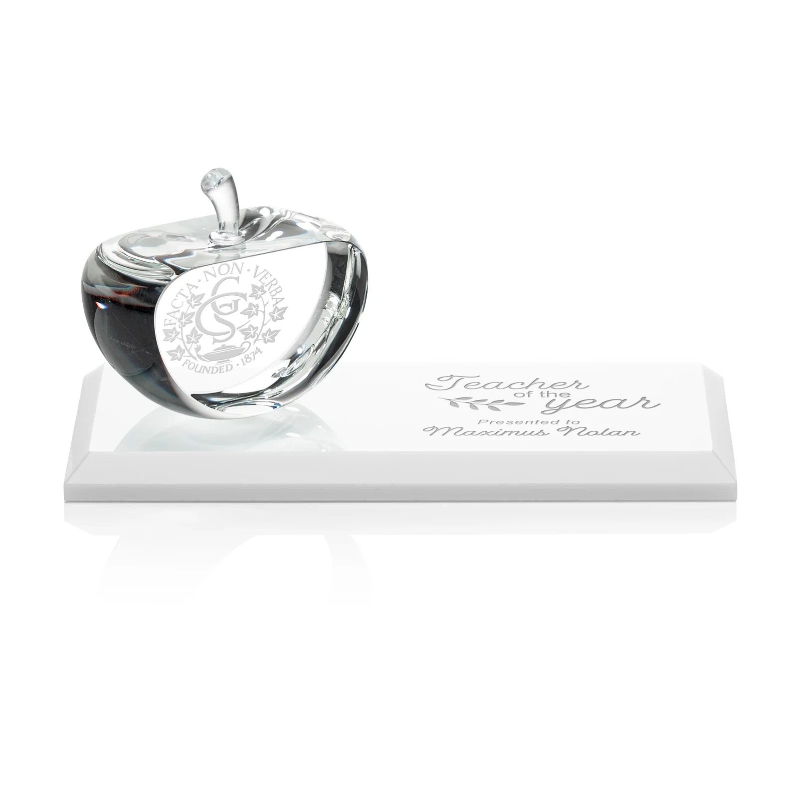 Custom Optical Crystal Apple Award With a Bamboo or Rosewood Base for graduation ceremonies