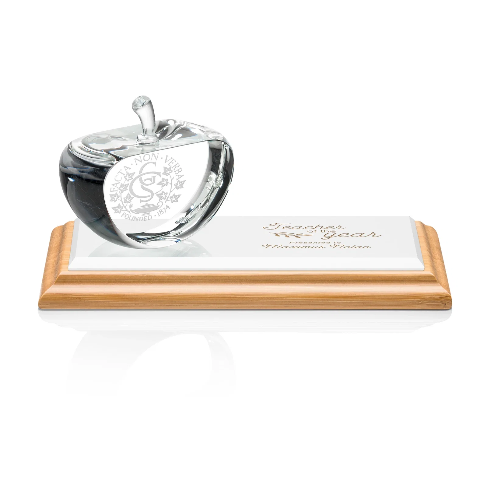 Custom Optical Crystal Apple Award With a Bamboo or Rosewood Base for safety achievement programs