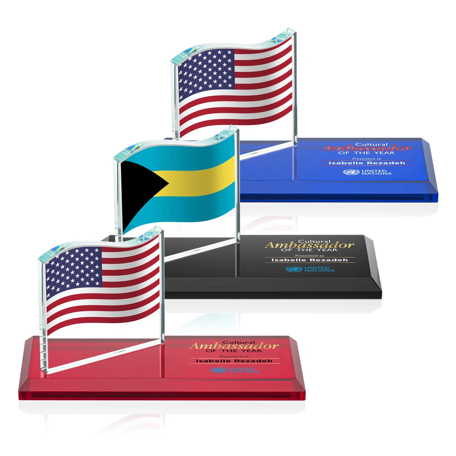 Custom Starfire Crystal Flag Award on a Bamboo or Rosewood Base for employee recognition