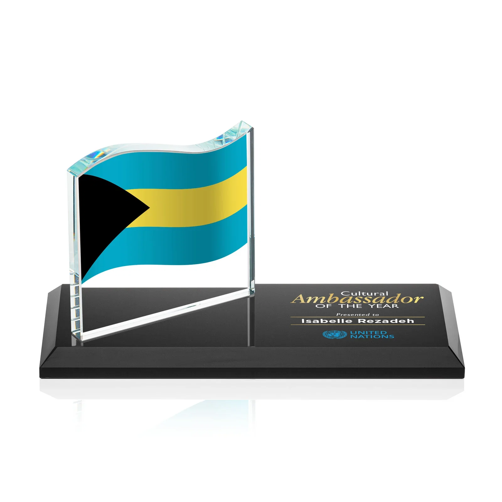 Custom Starfire Crystal Flag Award on a Bamboo or Rosewood Base for volunteer appreciation