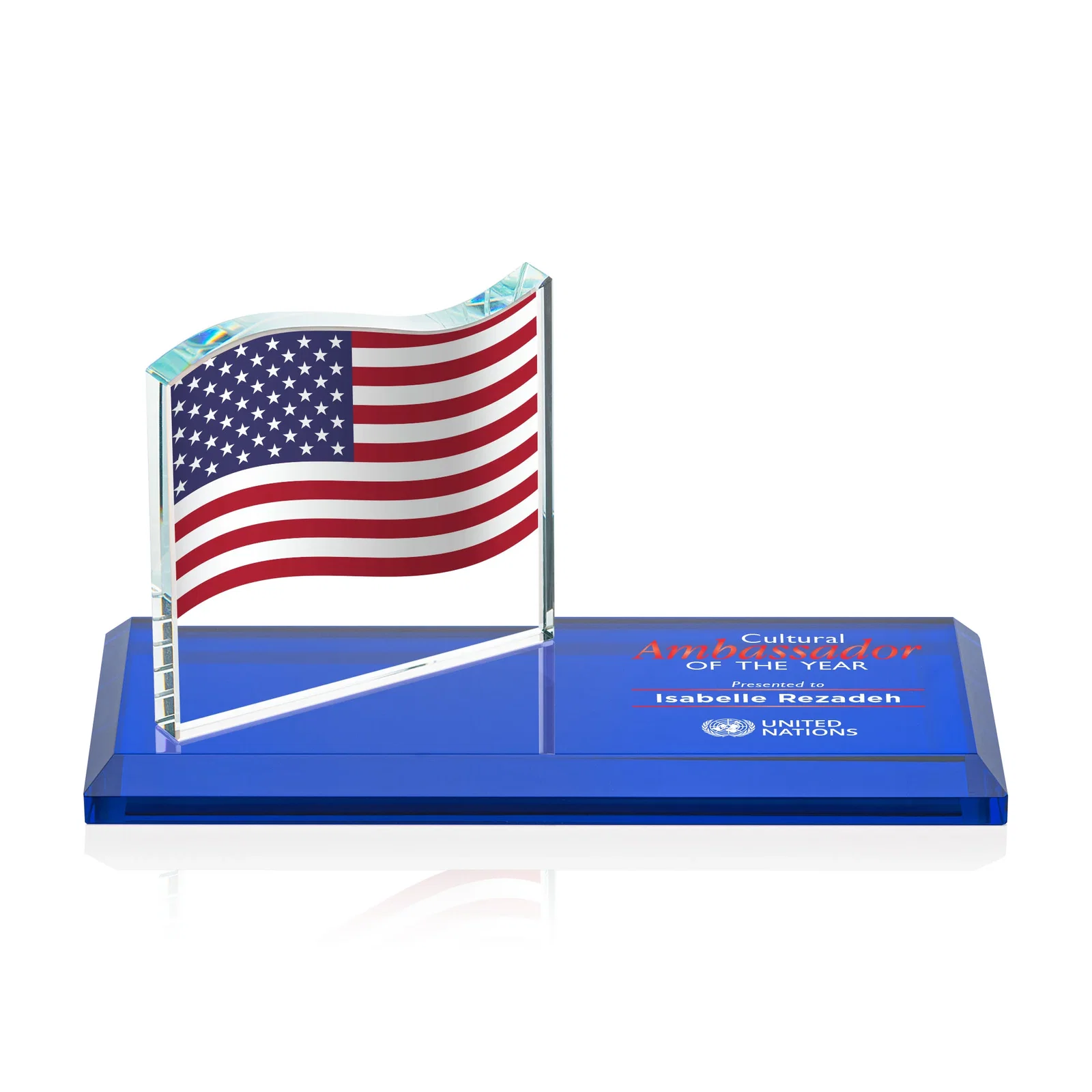 Custom Starfire Crystal Flag Award on a Bamboo or Rosewood Base for dealer and partner awards