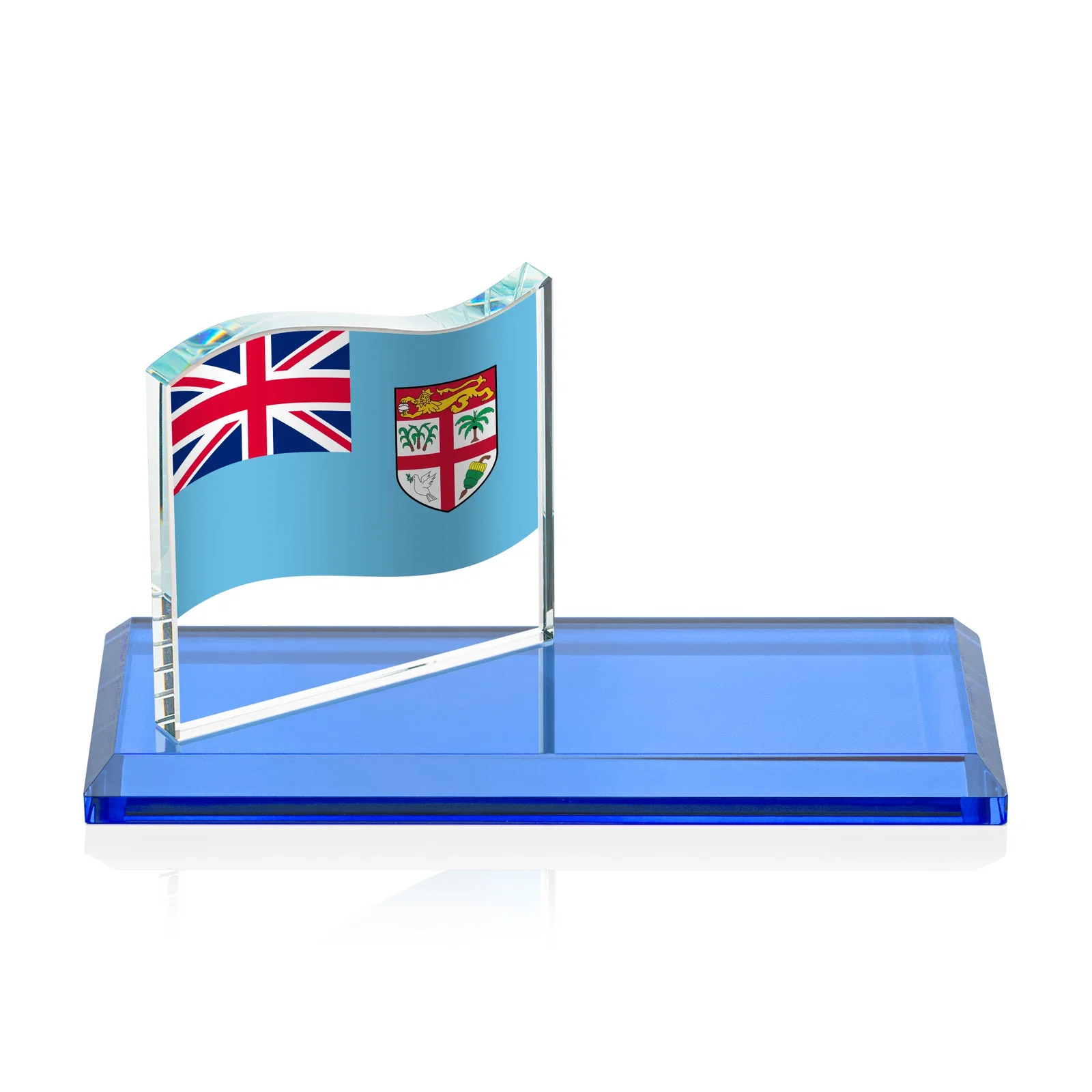 Personalized Starfire Crystal Flag Award on a Bamboo or Rosewood Base for team milestone celebrations