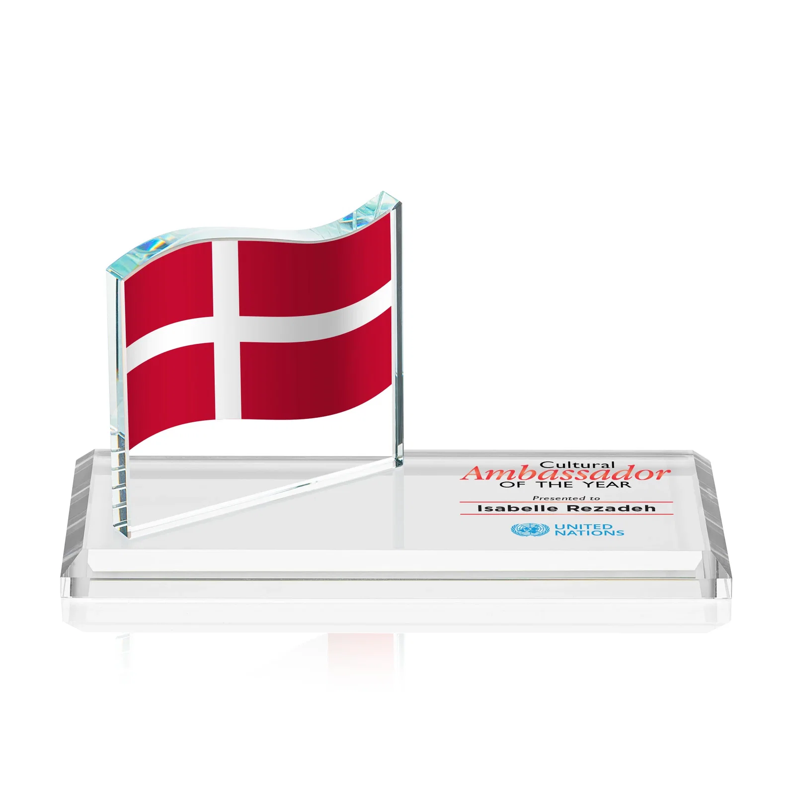 Custom Starfire Crystal Flag Award on a Bamboo or Rosewood Base for corporate award ceremonies