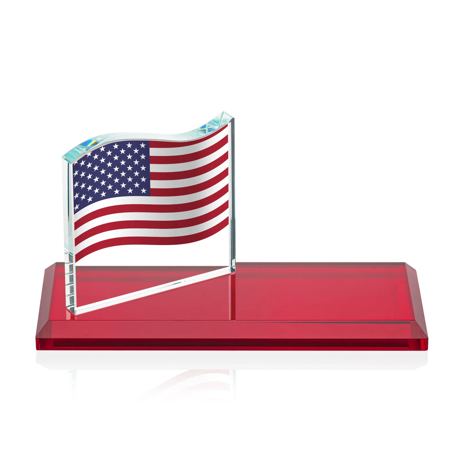 Personalized Starfire Crystal Flag Award on a Bamboo or Rosewood Base for company anniversary events