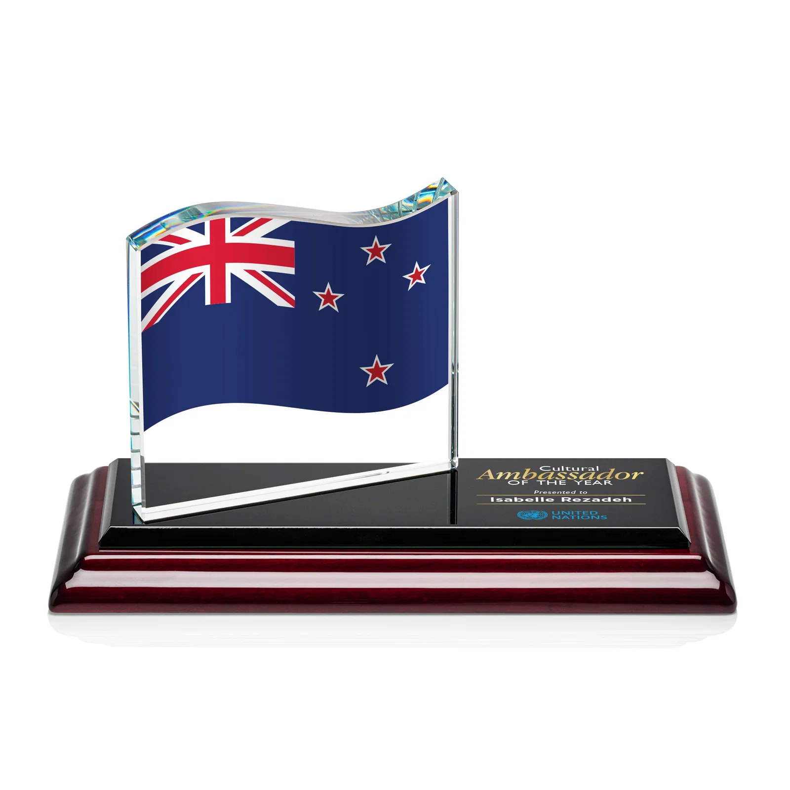 Custom Starfire Crystal Flag Award on a Bamboo or Rosewood Base for sales achievement awards